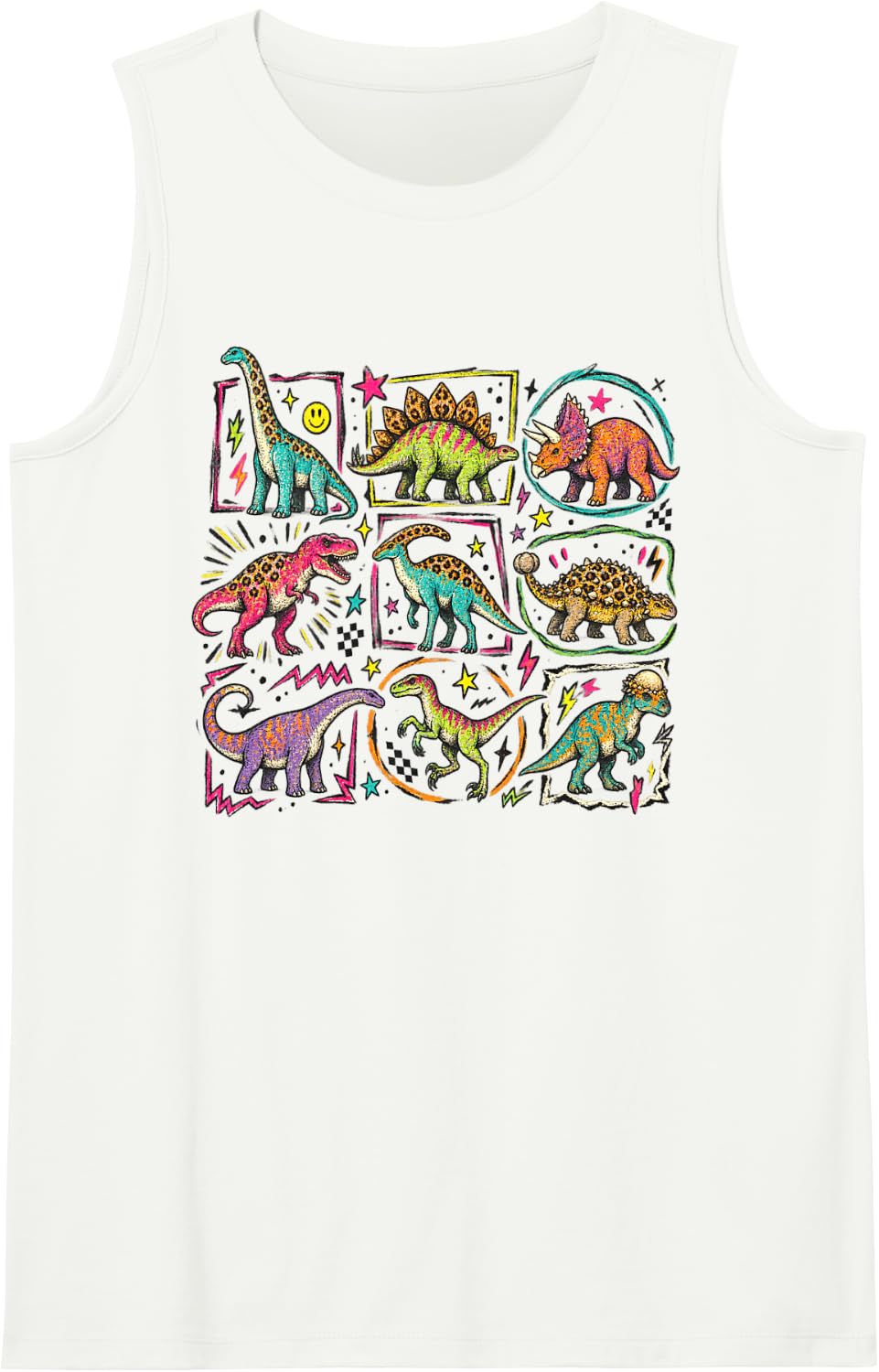 Dinosaurs Retro Leopard Print Colorful Dino Collage Art Sleeveless Tank Top - White