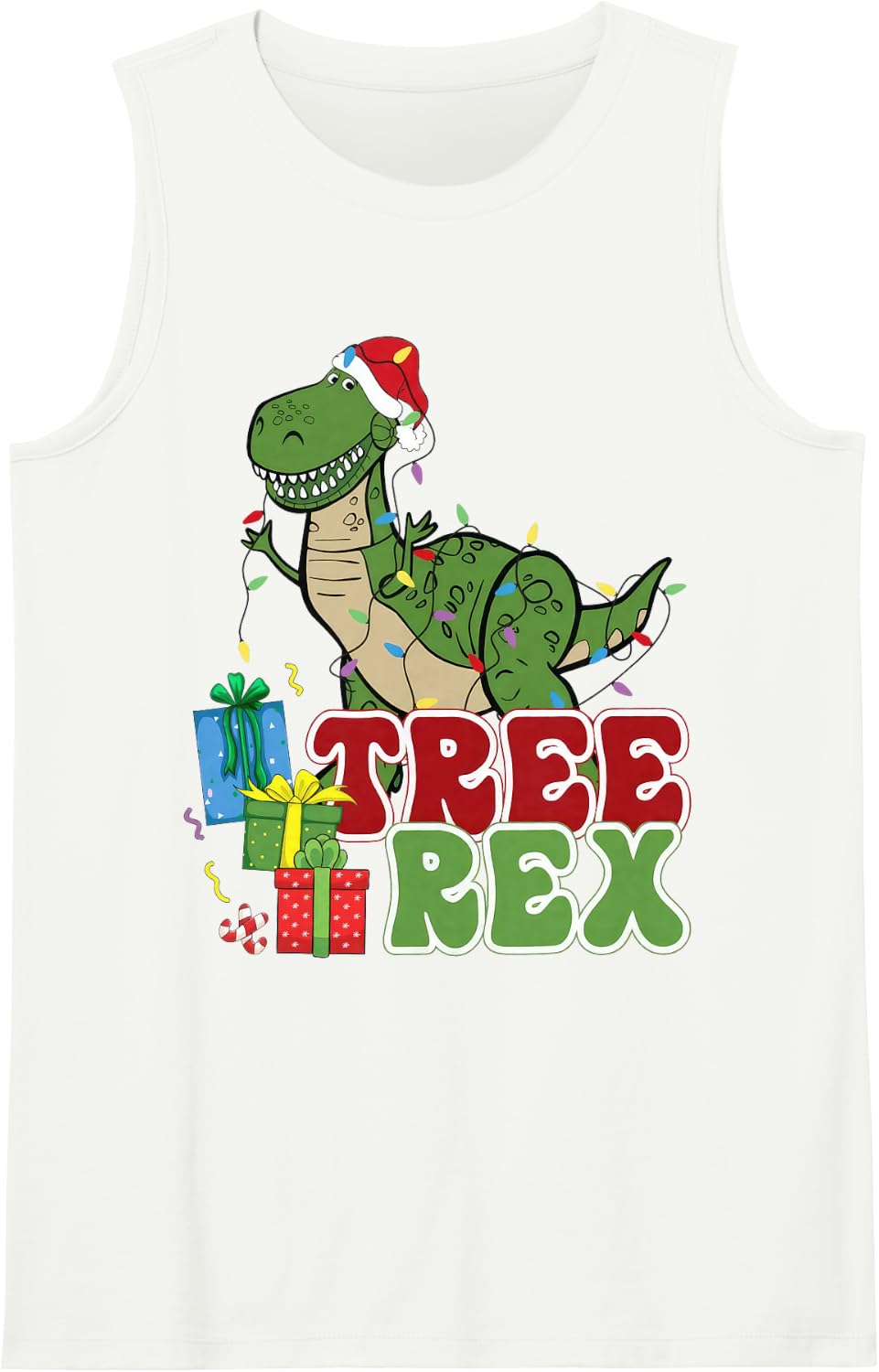Dinosaur Tree Rex Christmas Men Boys Kids Toddler Xmas Light Sleeveless Tank Top - White