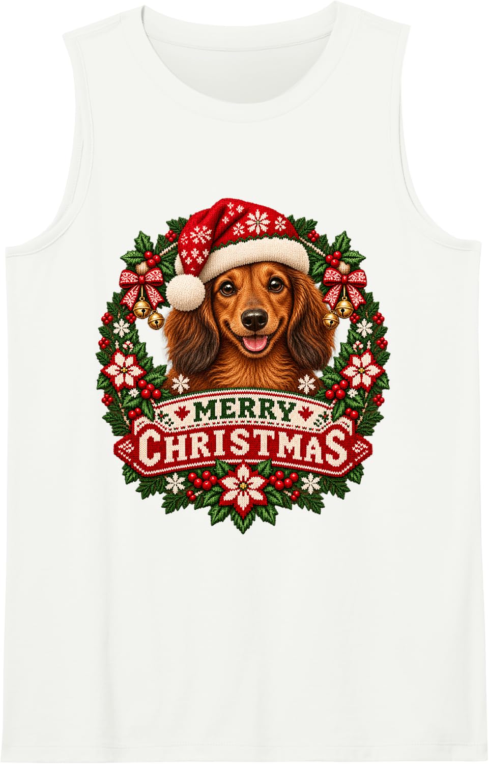 Merry Christmas Dachshund Happy Santa Hat Snowflake Sleeveless Tank Top - White
