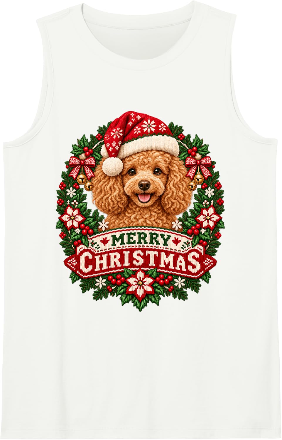 Merry Christmas Poodle Happy Santa Hat Snowflake Sleeveless Tank Top - White