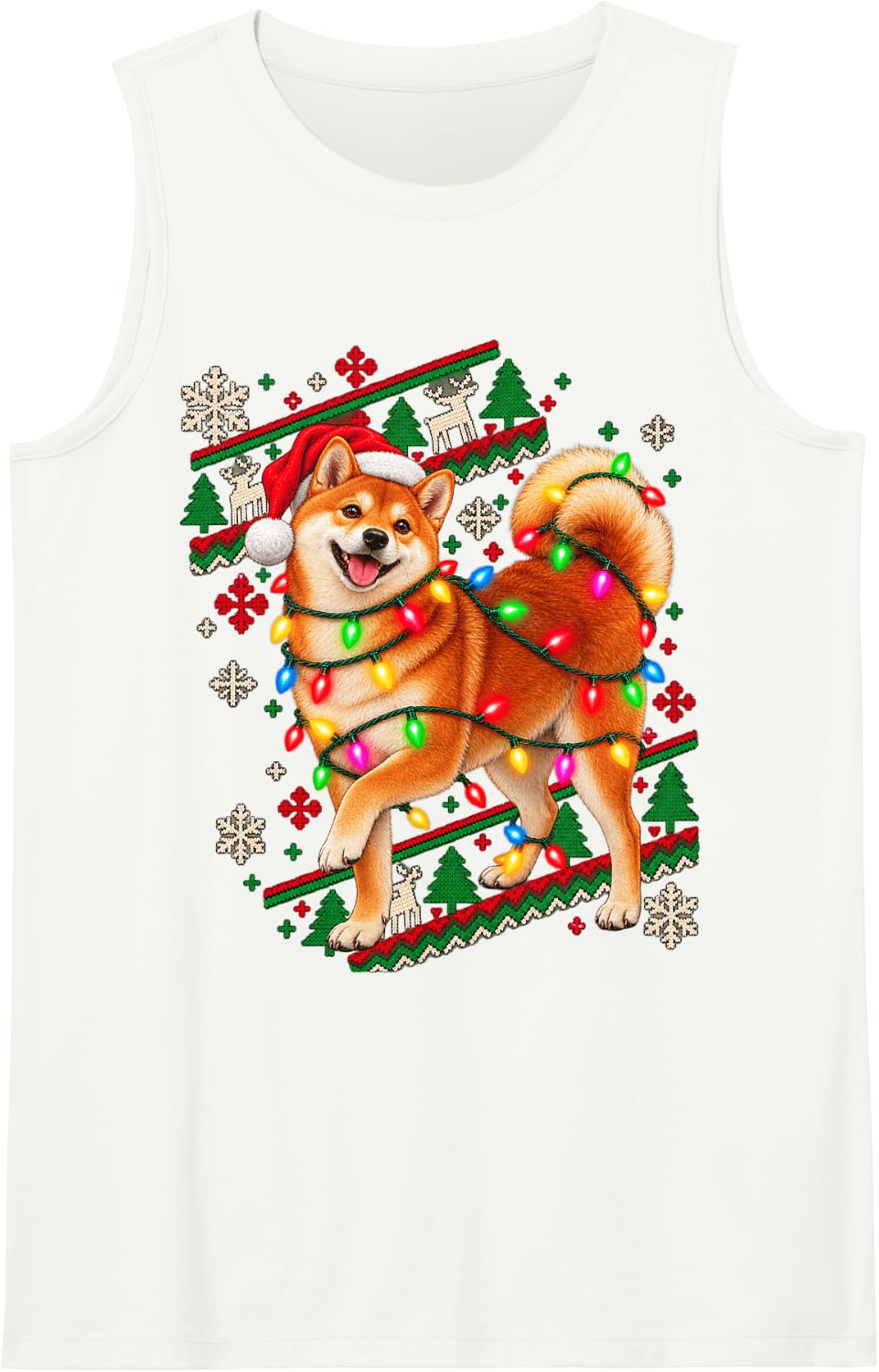 Christmas Lights Shiba Inu Whimsical Holiday Design Sleeveless Tank Top - White