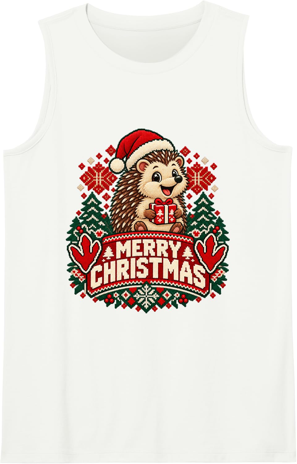 Merry Christmas Hedgehog Cheerful Roaring Festive Winter Art Sleeveless Tank Top - White