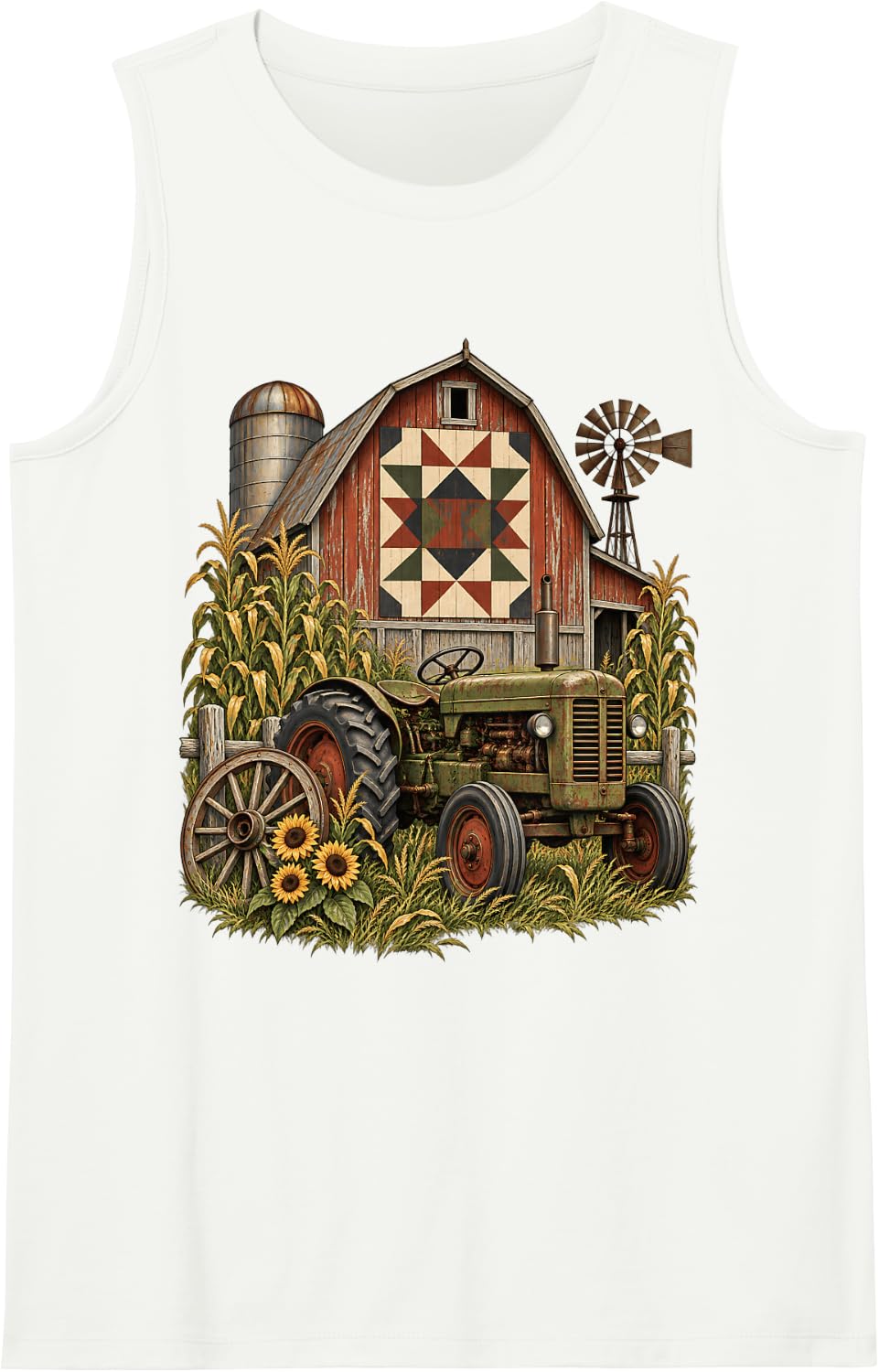 Vintage Tractor Barn Quilt Farmhouse Country Harvest Art Sleeveless Tank Top - White