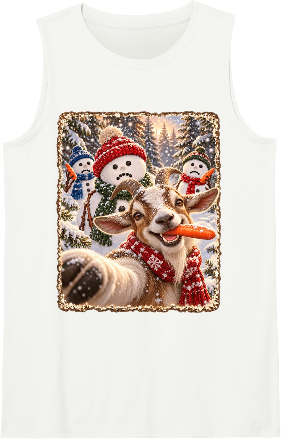 Funny Goat Silly Christmas Snowman Selfie Sleeveless Tank Top - White