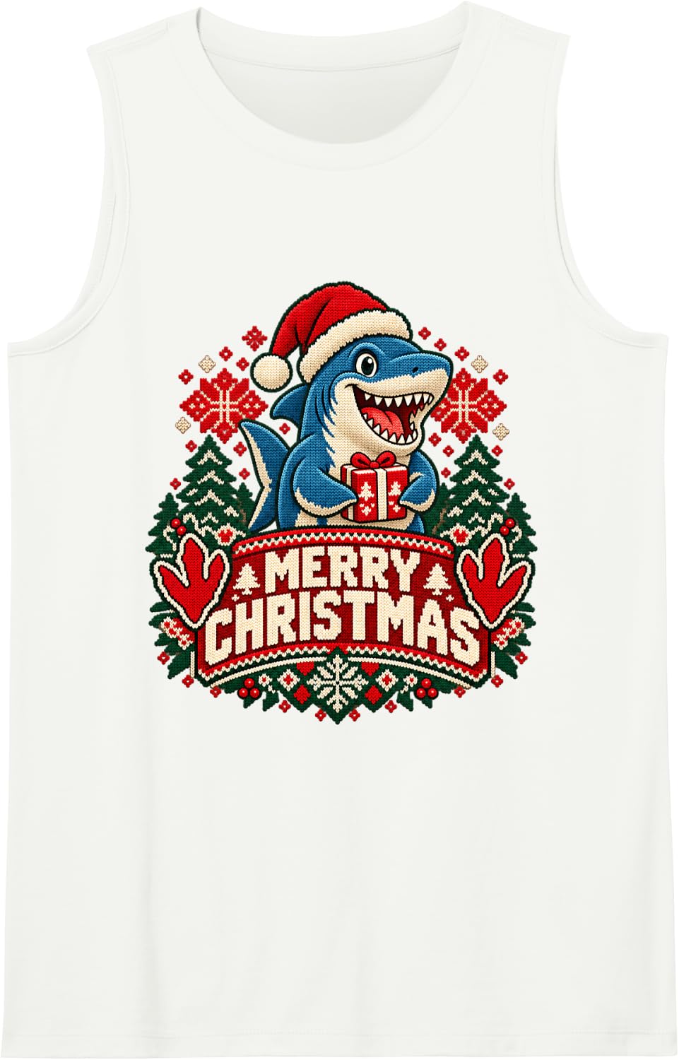 Merry Christmas Shark Cheerful Roaring Festive Winter Art Sleeveless Tank Top - White