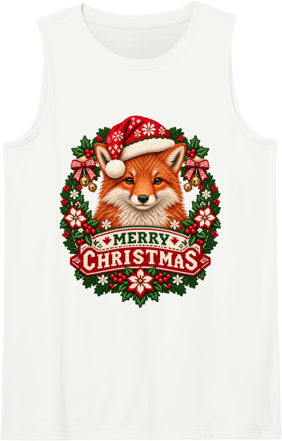 Merry Christmas Fox Happy Santa Hat Snowflake Sleeveless Tank Top - White