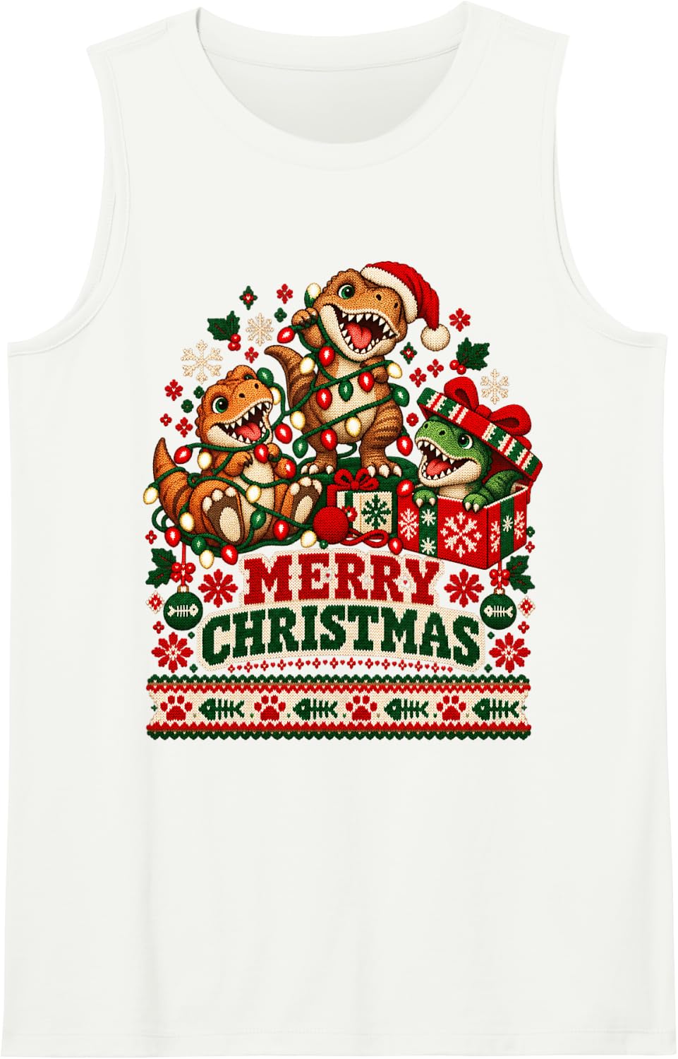 Merry Christmas Trex Playful Holiday Lights Men Women Sleeveless Tank Top - White
