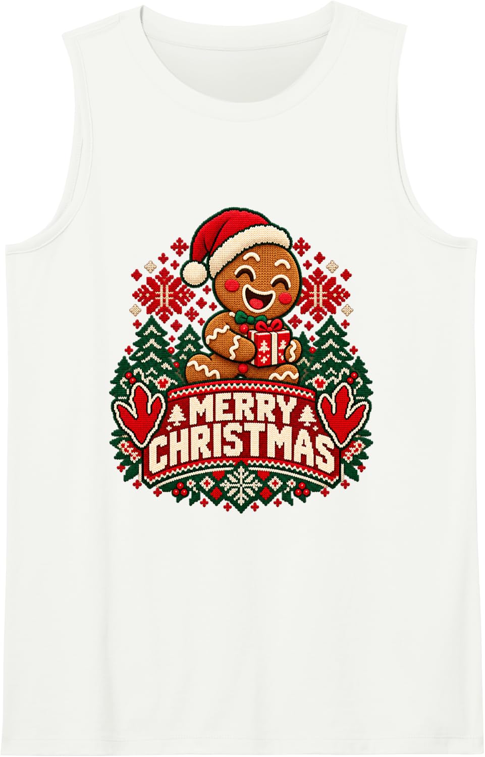Merry Christmas Gingerbread Cheerful Roaring Festive Winter Sleeveless Tank Top - White