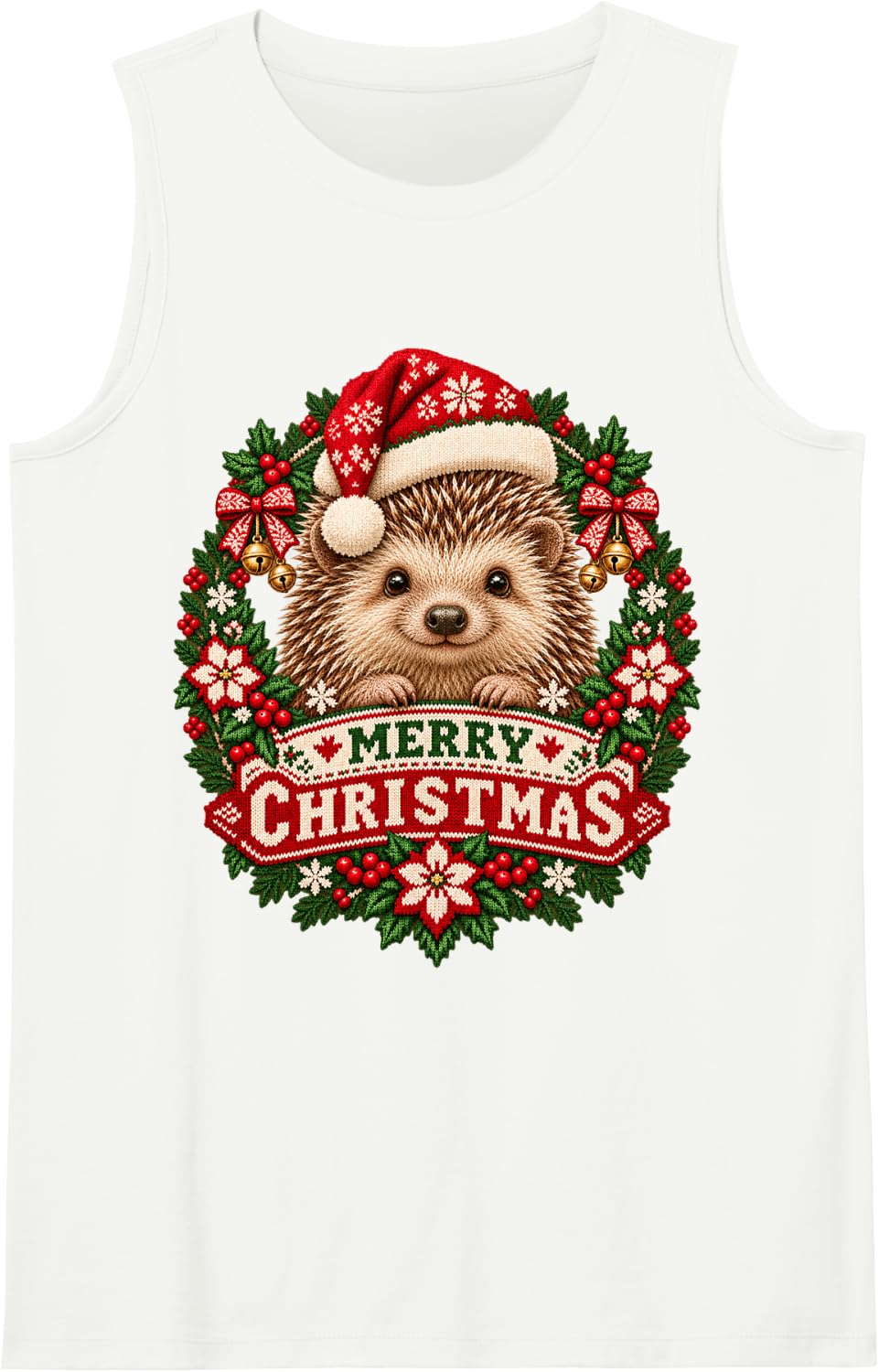 Merry Christmas Hedgehog Happy Santa Hat Snowflake Sleeveless Tank Top - White