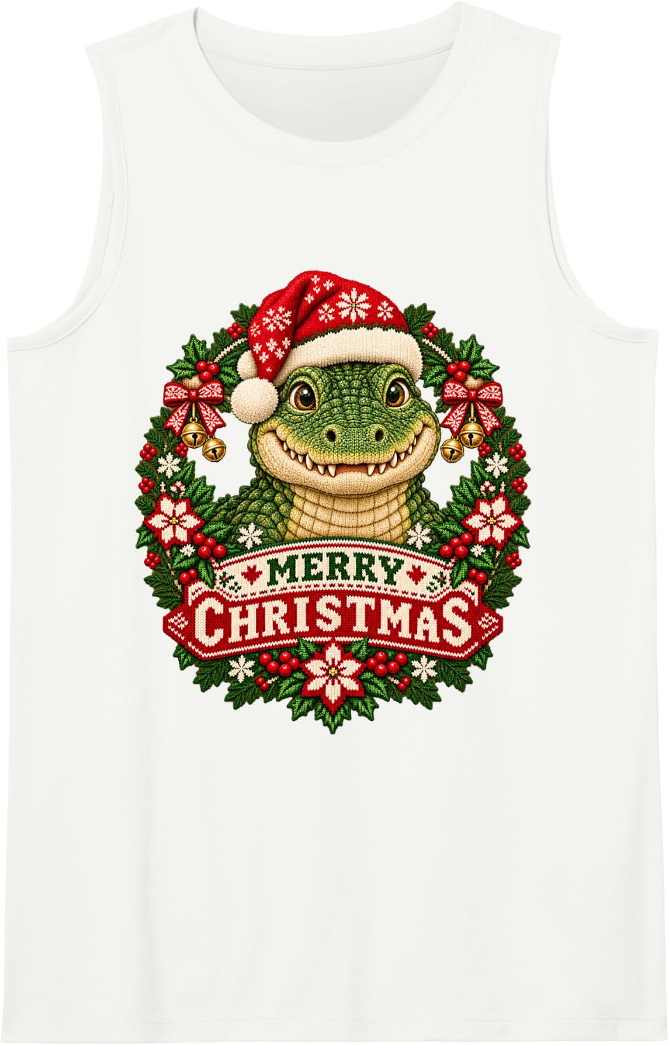 Merry Christmas Crocodile Happy Santa Hat Snowflake Sleeveless Tank Top - White