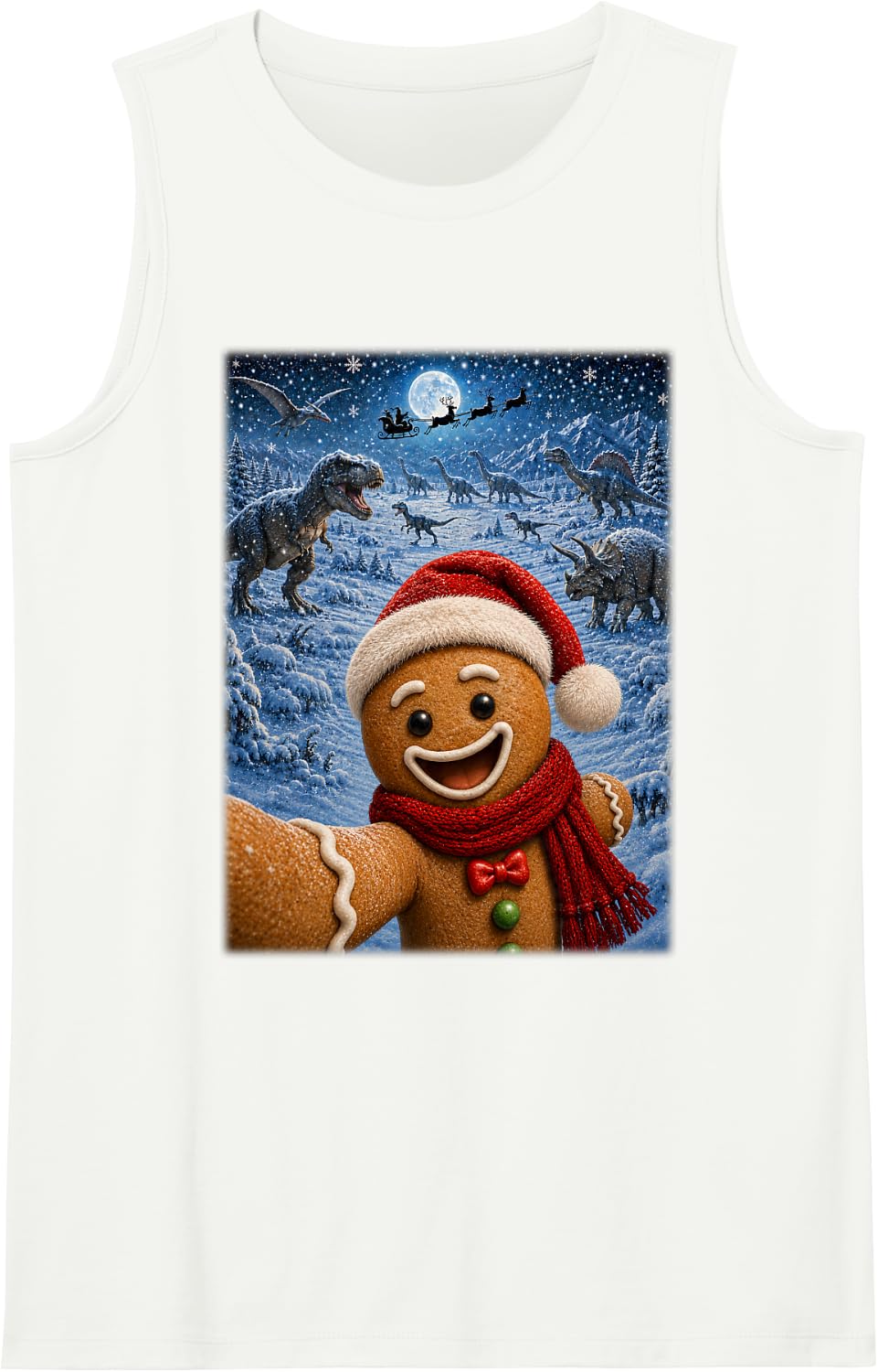 Festive Santa Gingerbread Man Dinosaurs Christmas Selfie Sleeveless Tank Top - White