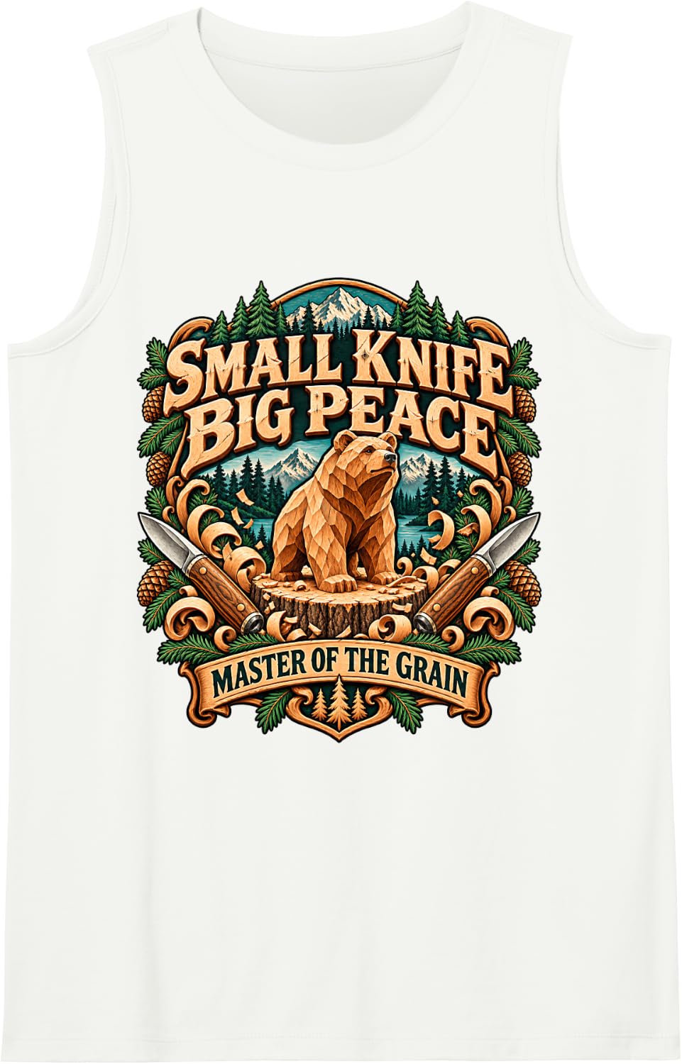 Small Knife Big Peace Master of The Grain Bear Sleeveless Tank Top - White