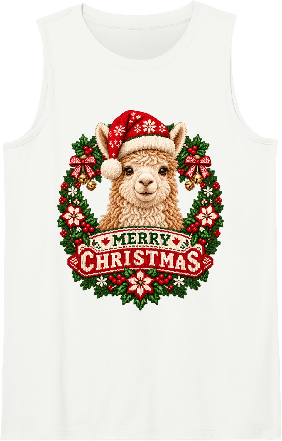 Merry Christmas Llama Happy Santa Hat Snowflake Sleeveless Tank Top - White