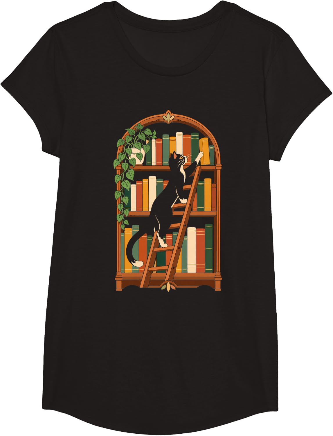 Curious Tuxedo Cat Climbing Bookshelf Book Lover Librarian T-Shirt - Girls Black