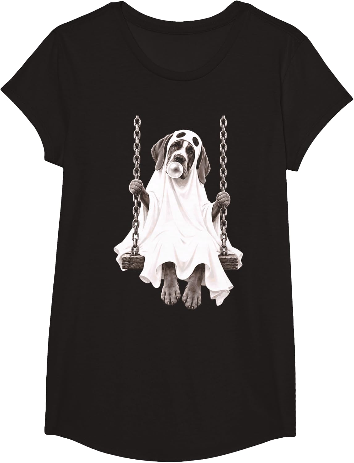 Halloween Great Dane Ghost Costume Swing Bubble Gum T-Shirt - Girls Black
