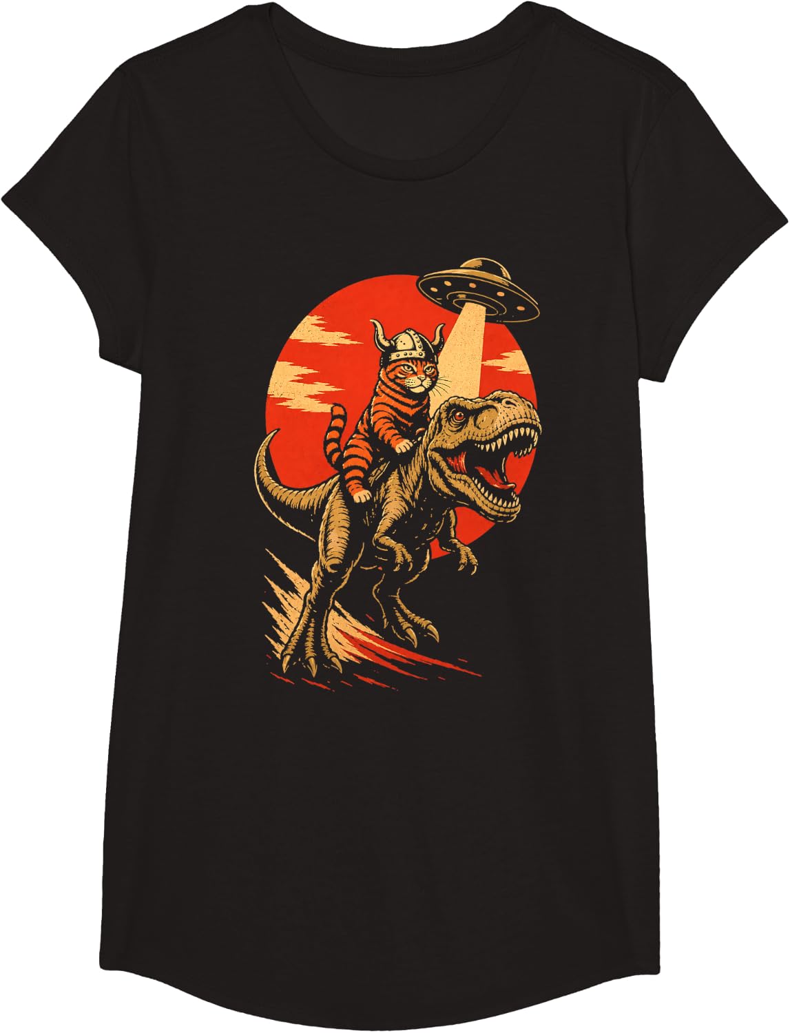Viking Cat Riding Dinosaur - Humorous UFO Abduction T-Shirt - Girls Black