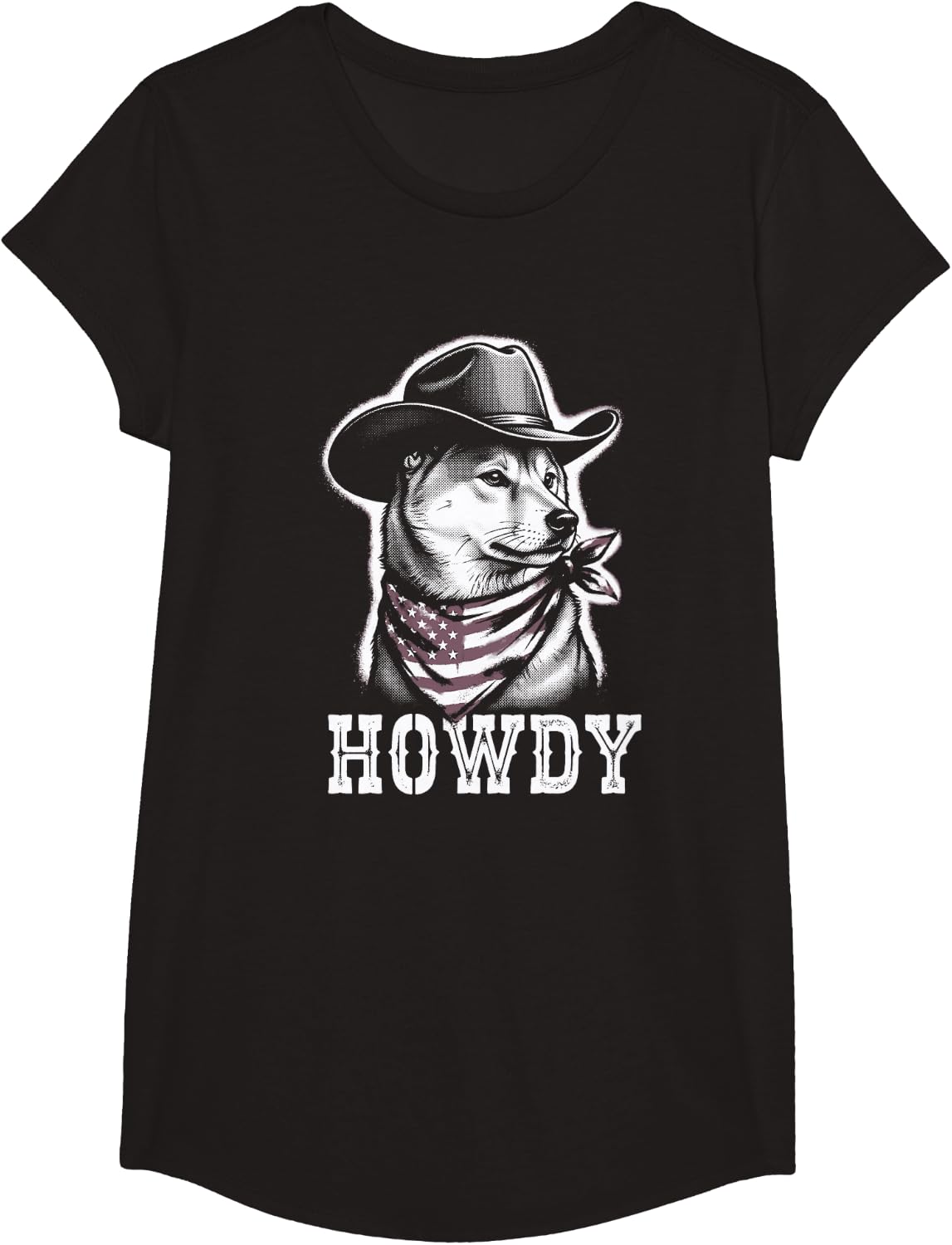 Shiba Inu Howdy Cowboy American Flag T-Shirt - Girls Black