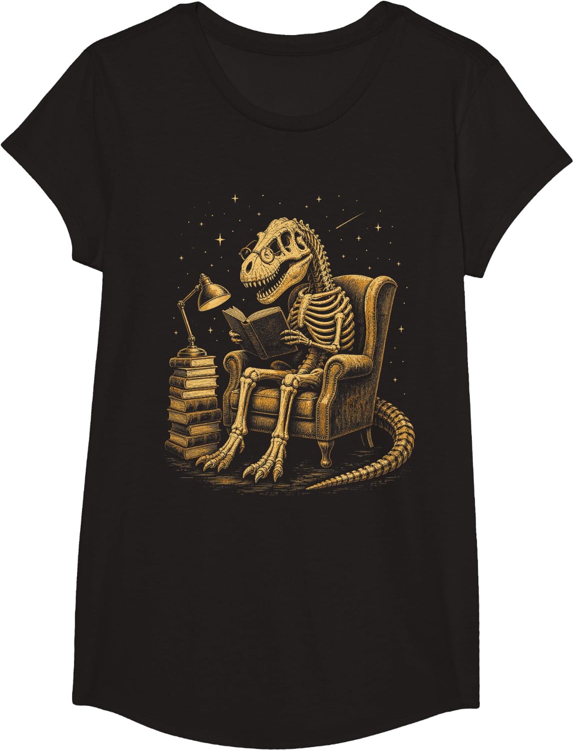 Dinosaur Skeleton Reading Book Lover Fossil Nerd T-Shirt - Girls Black