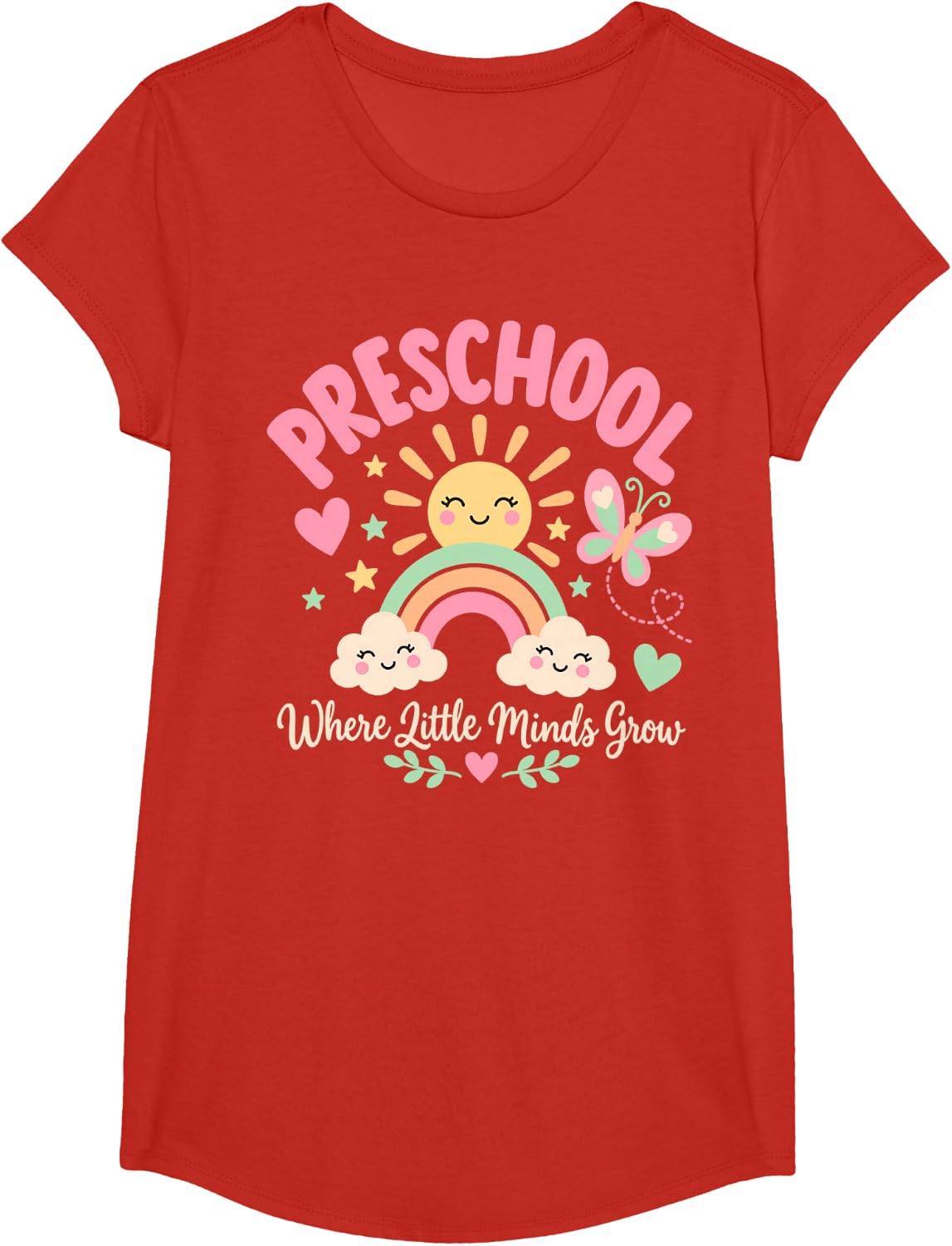 Preschool Where Little Minds Grow Rainbow Sun T-Shirt - Girls Red