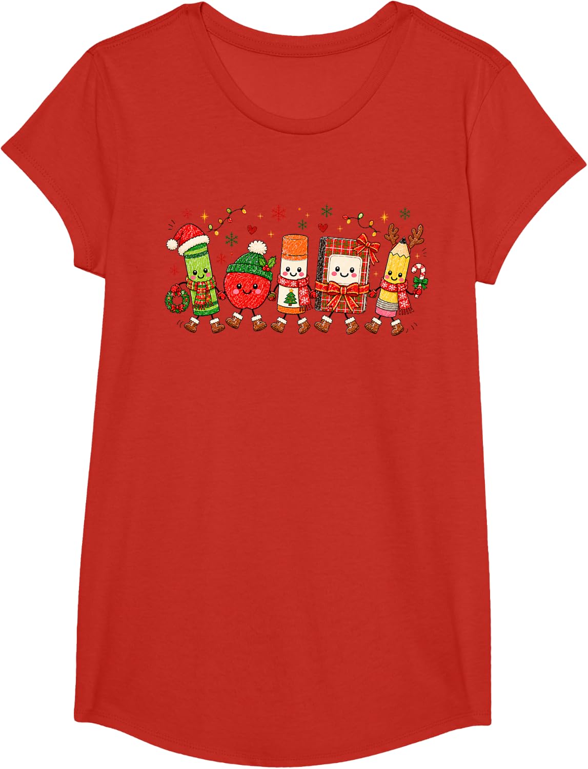Cute Christmas School Supplies Crayons Pencils Teacher Xmas T-Shirt - Girls Red