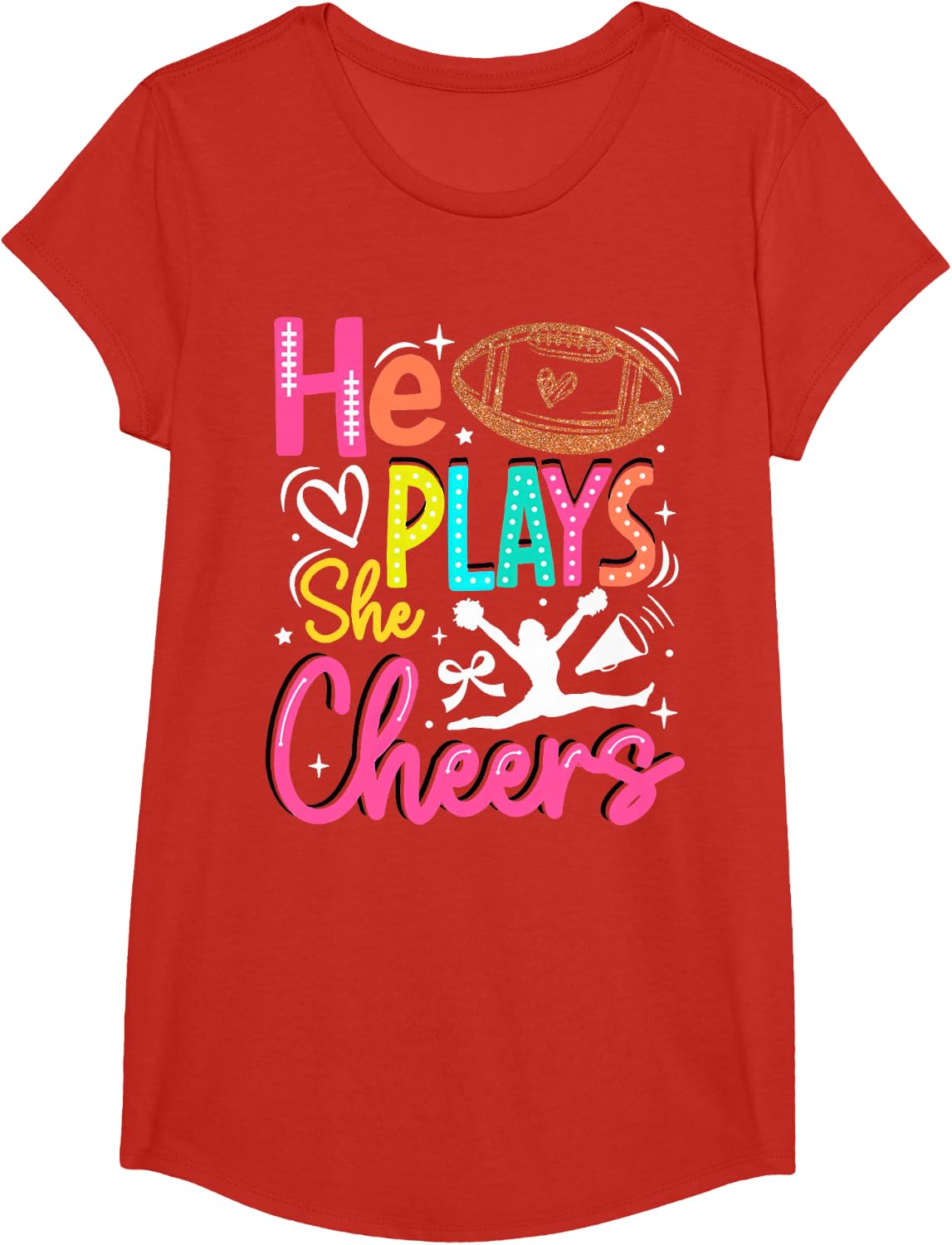 He Plays She Cheers Funny Football Son Cheerleader Daughter T-Shirt - Girls Red