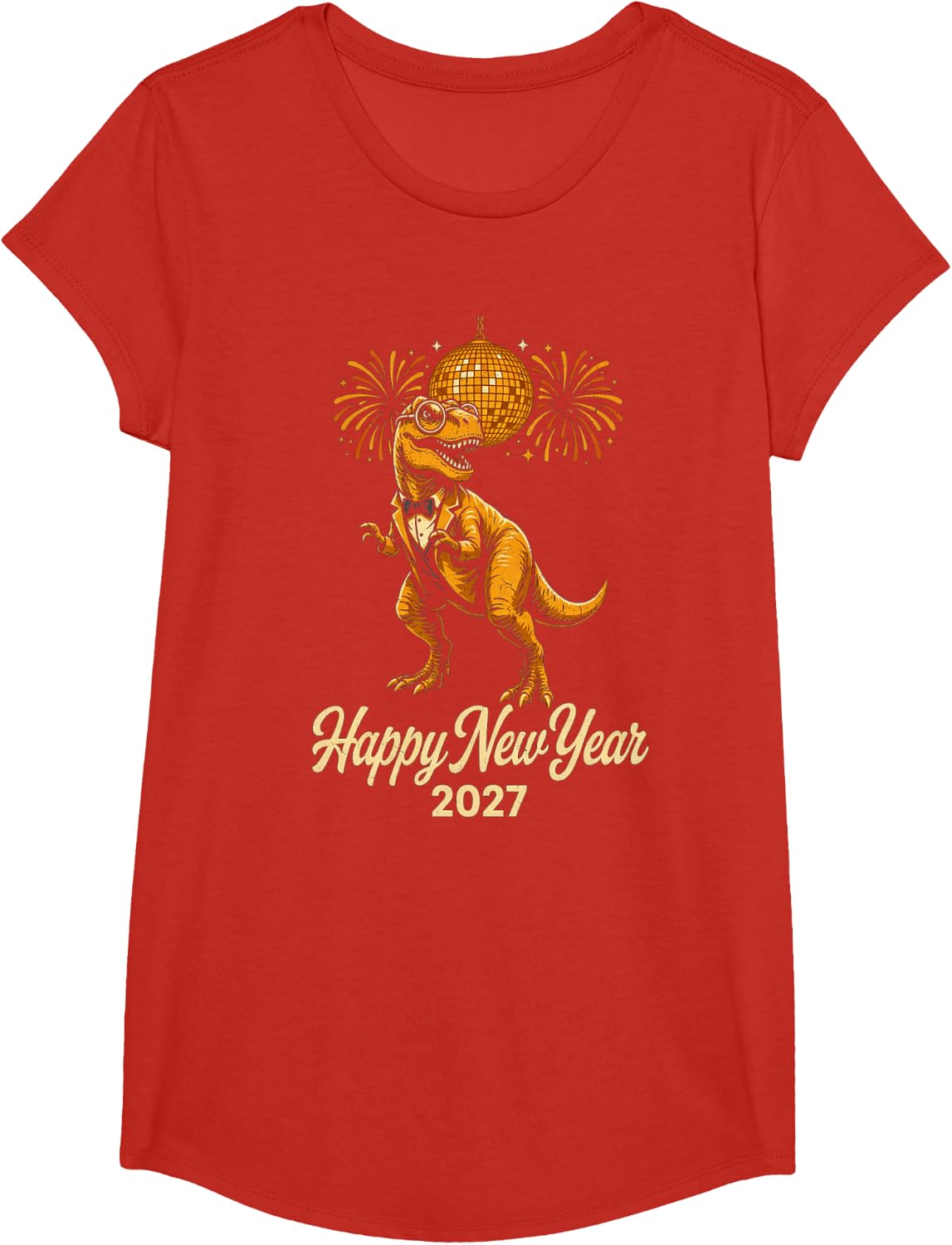 Funny Dinosaur Happy New Year 2027 Retro Party T-Shirt - Girls Red