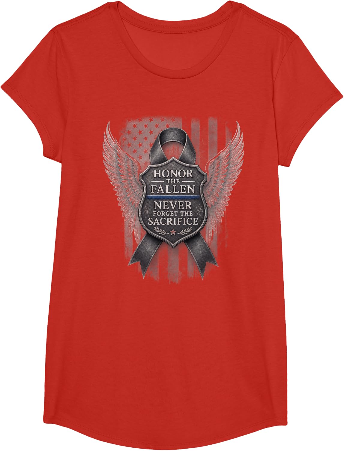 Thin Blue Line Police Shirt Fallen Officer Memorial T-Shirt - Girls Red