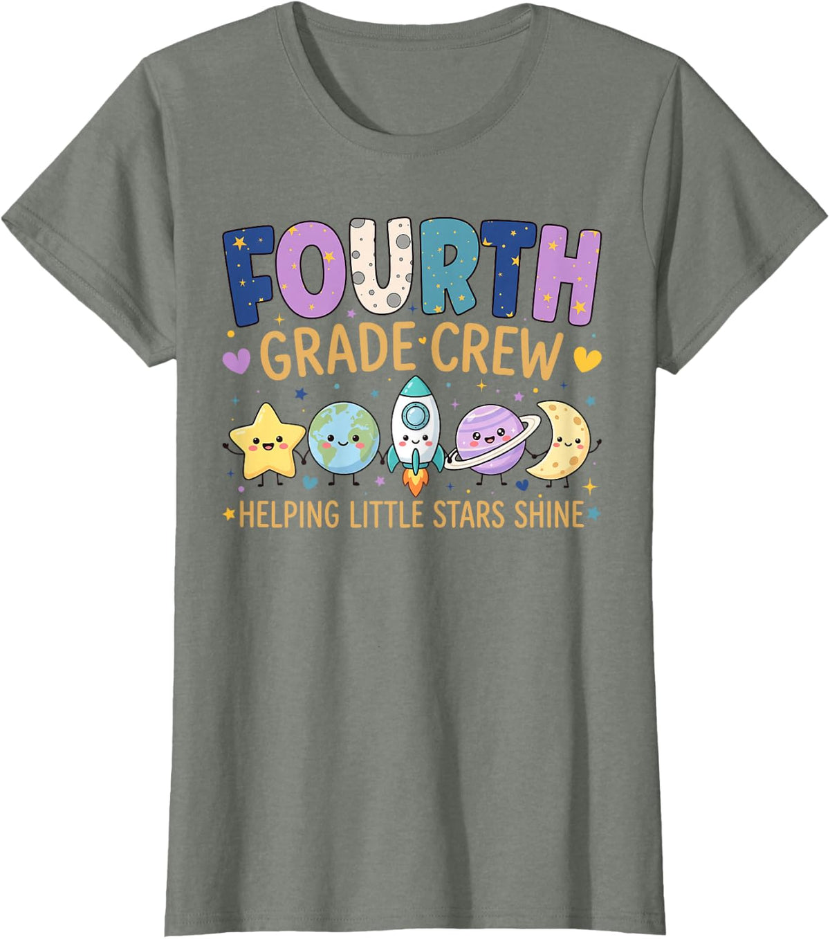 Fourth Grade Crew Cute Stars Space 4th Grade Teacher Team T-Shirt - Olive Heather