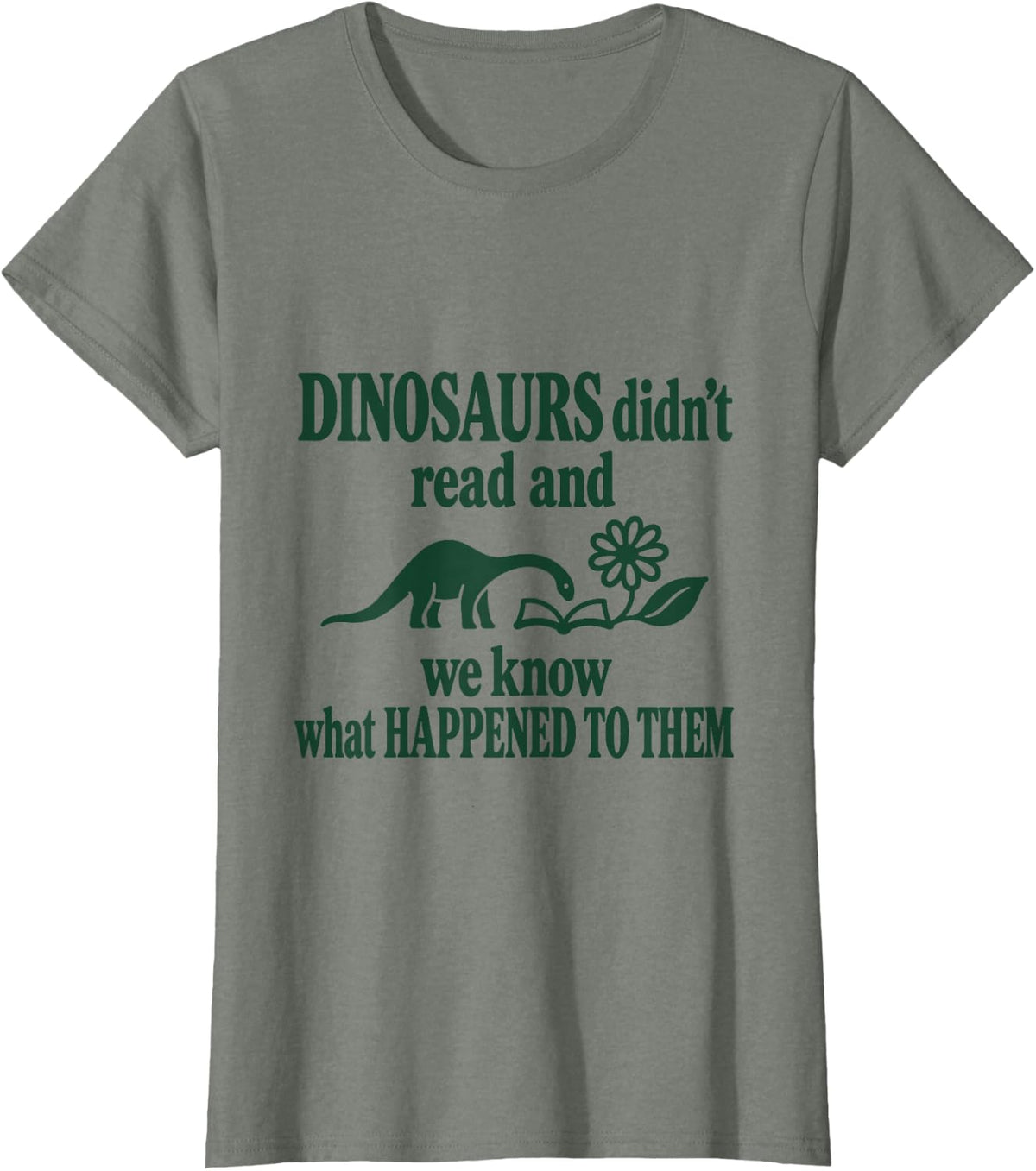 Dinosaur Reading Humor Book Lover Brontosaurus Minimalist T-Shirt - Olive Heather