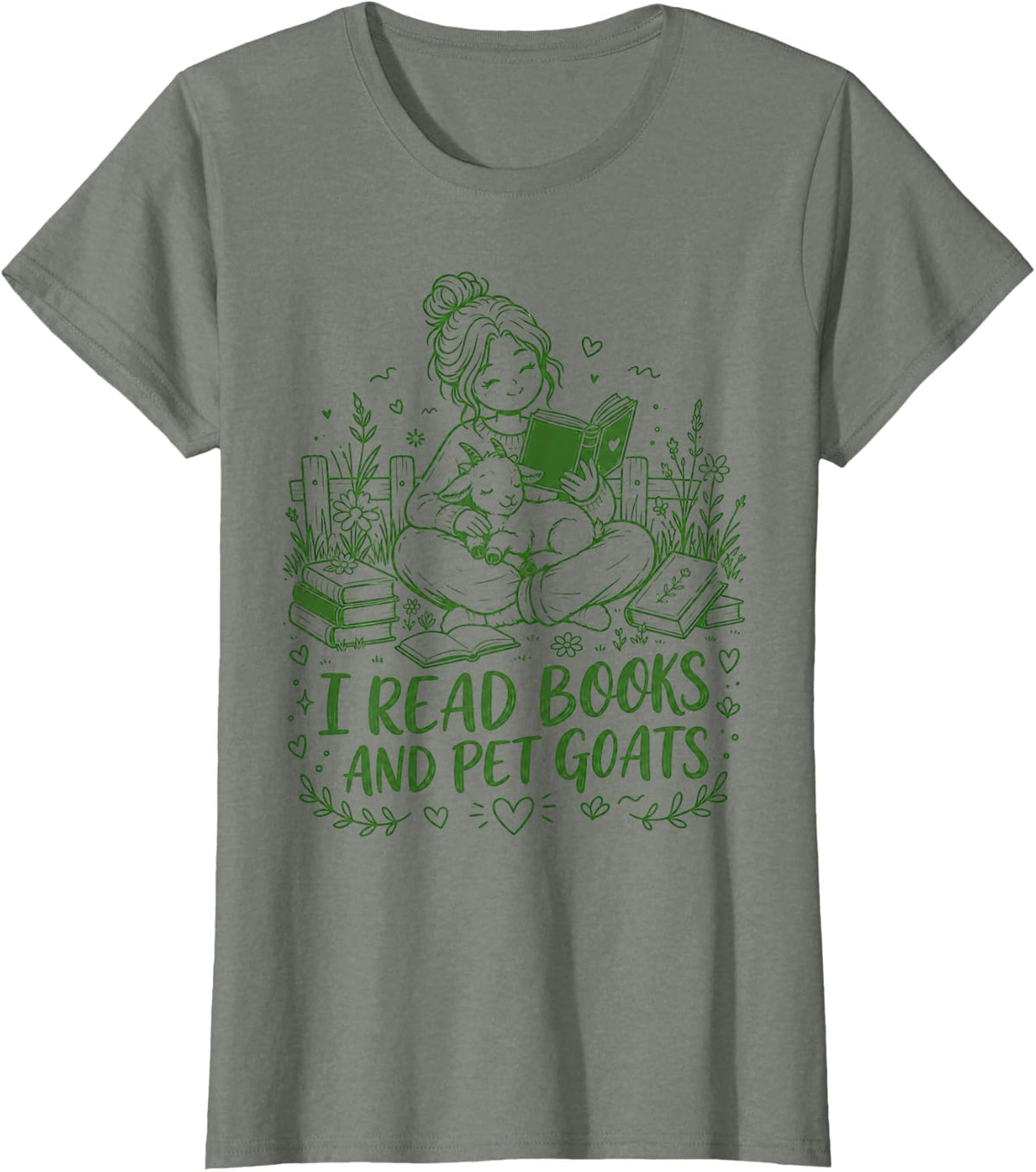 I Read Books and Pet Goats Funny Goat Girl Women T-Shirt - Olive Heather
