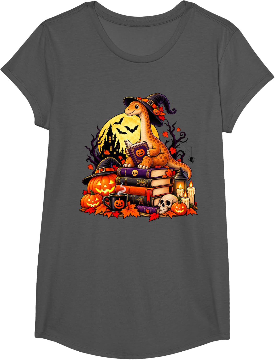 Brachiosaurus Dinosaur Reading Book Nerd Halloween T-Shirt - Girls Asphalt Grey