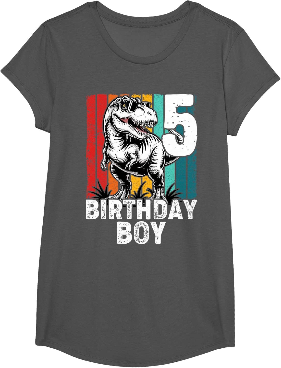 Kids 5 Year Old 5th Birthday Boy T Rex Dinosaur T-Shirt - Girls Asphalt Grey