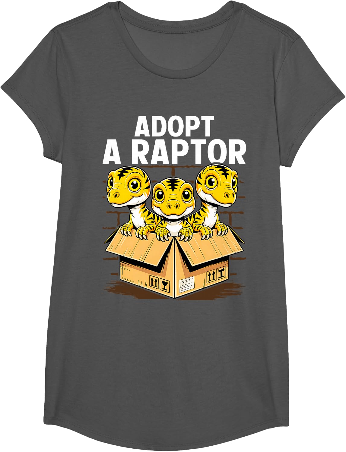 Raptor Adopt A Raptor Box Funny Dinosaur Adoption T-Shirt - Girls Asphalt Grey