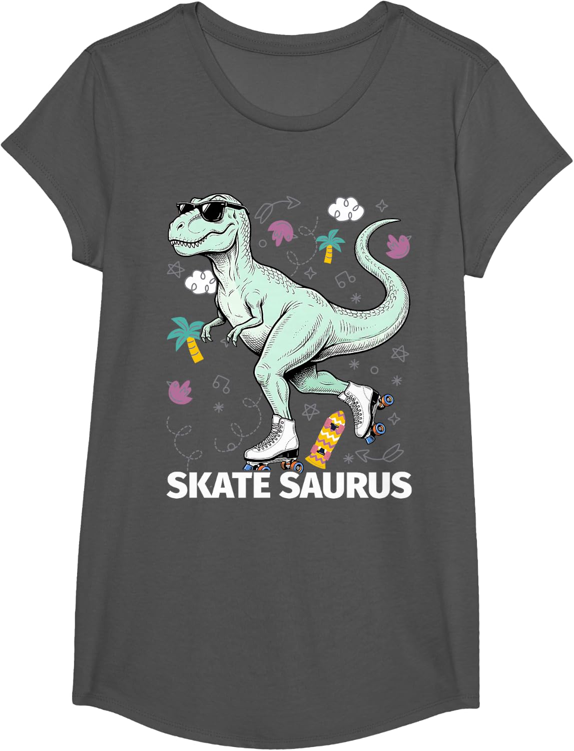 Roller Skating Dinosaur T-Rex Skate Dino Funny Roller Skater T-Shirt - Girls Asphalt Grey