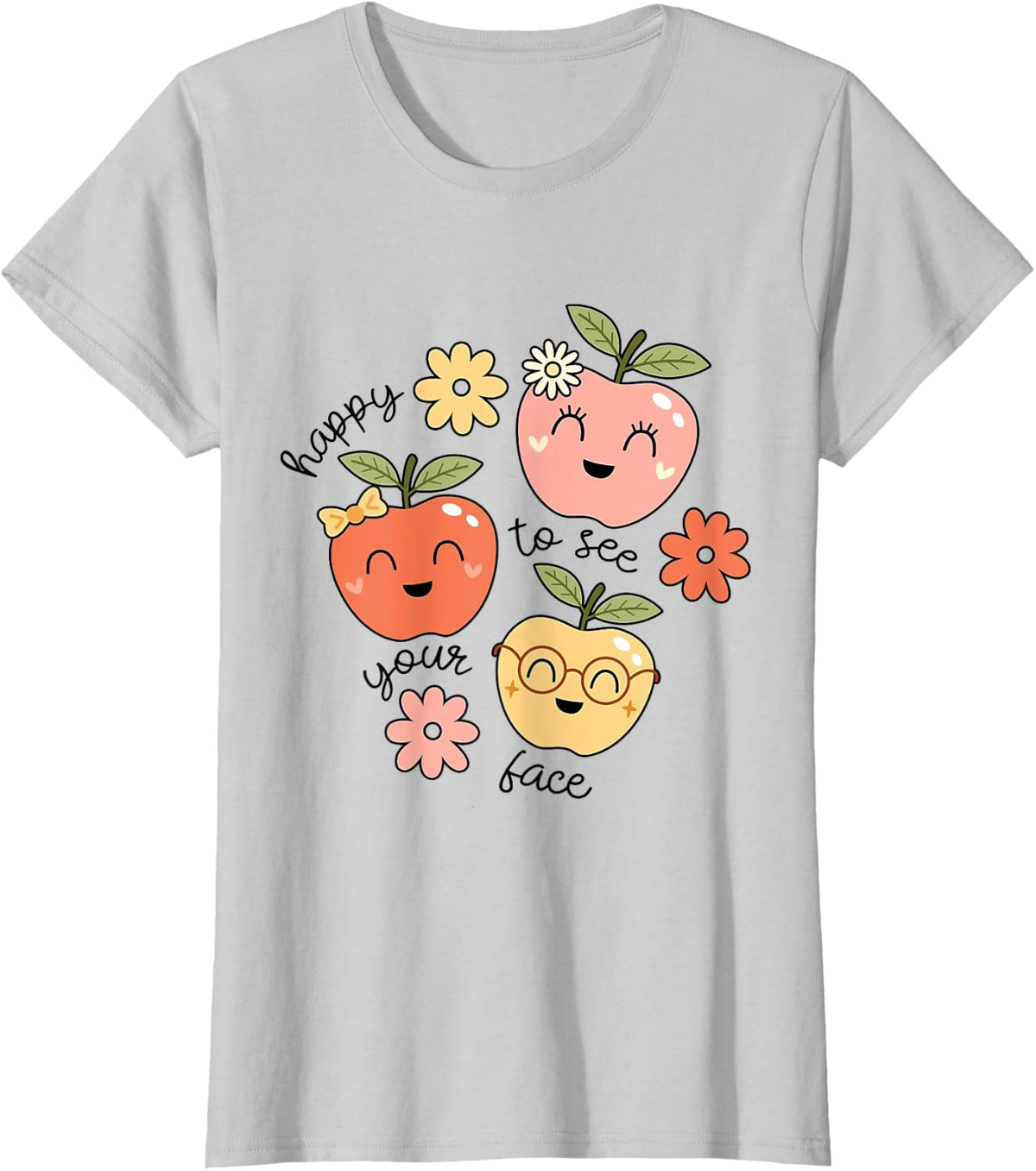 Happy to See Your Face Cute Apple Teacher Back to School T-Shirt - Silver Grey