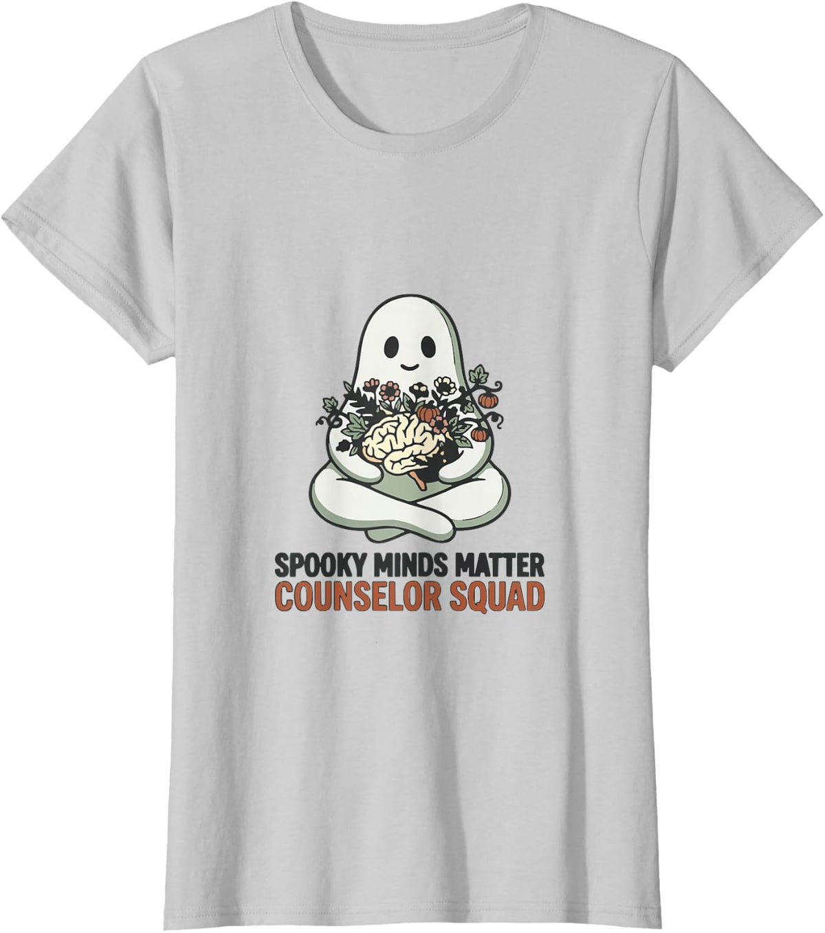 Spooky Minds Matter Counselor Squad Ghost Fall Psychology T-Shirt - Silver Grey