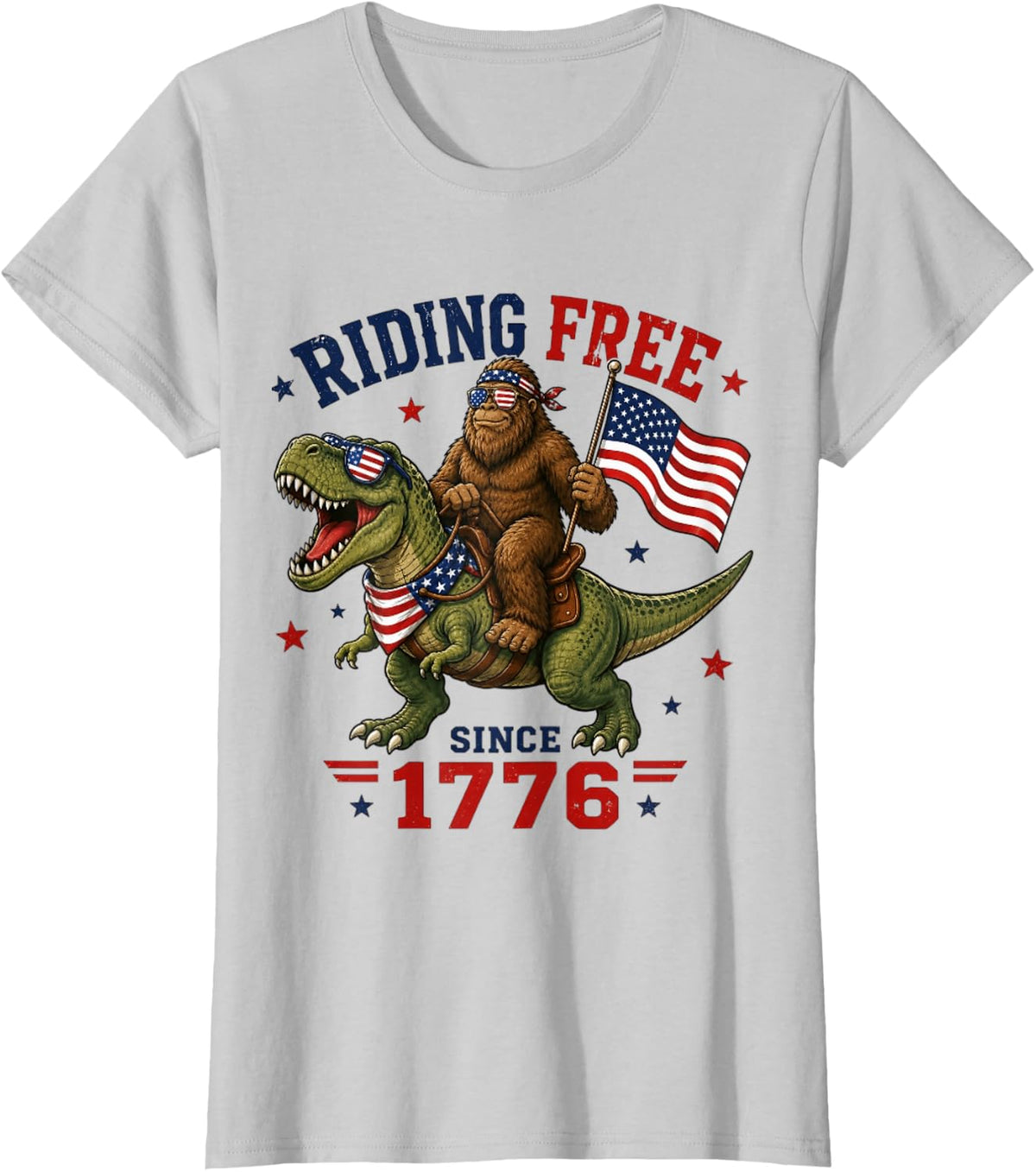 4th of July Bigfoot Dinosaur USA Flag Boys Kids Men T-Shirt - Silver Grey