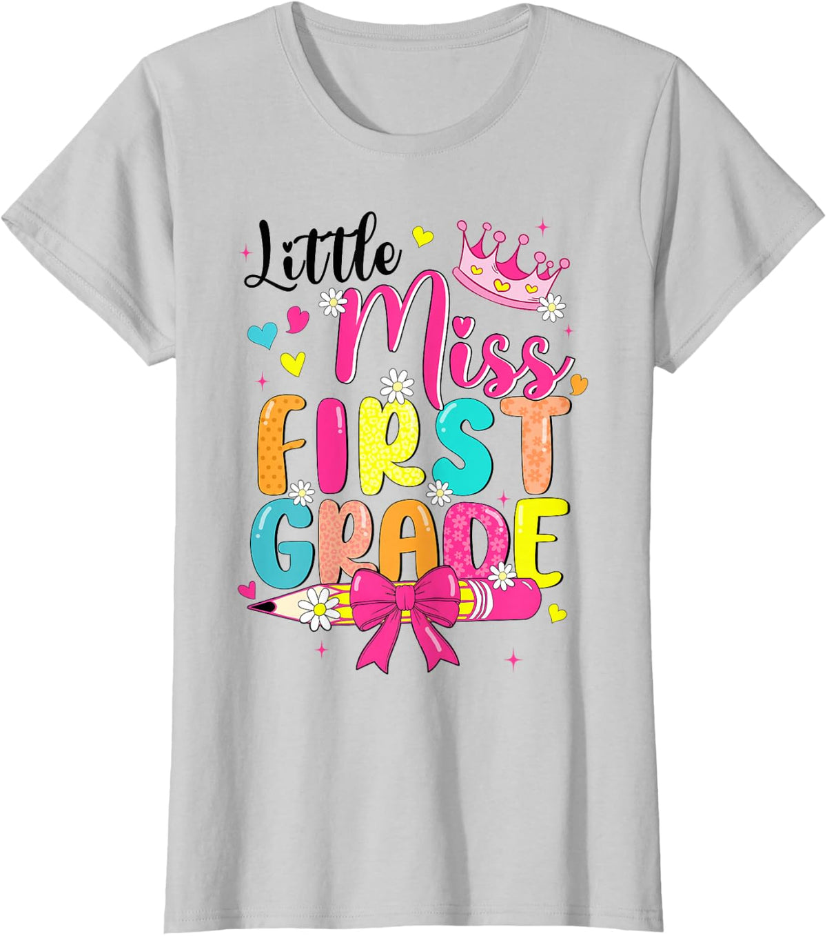 Little Miss First Grade Coquette Bow First Day Of School T-Shirt - Silver Grey