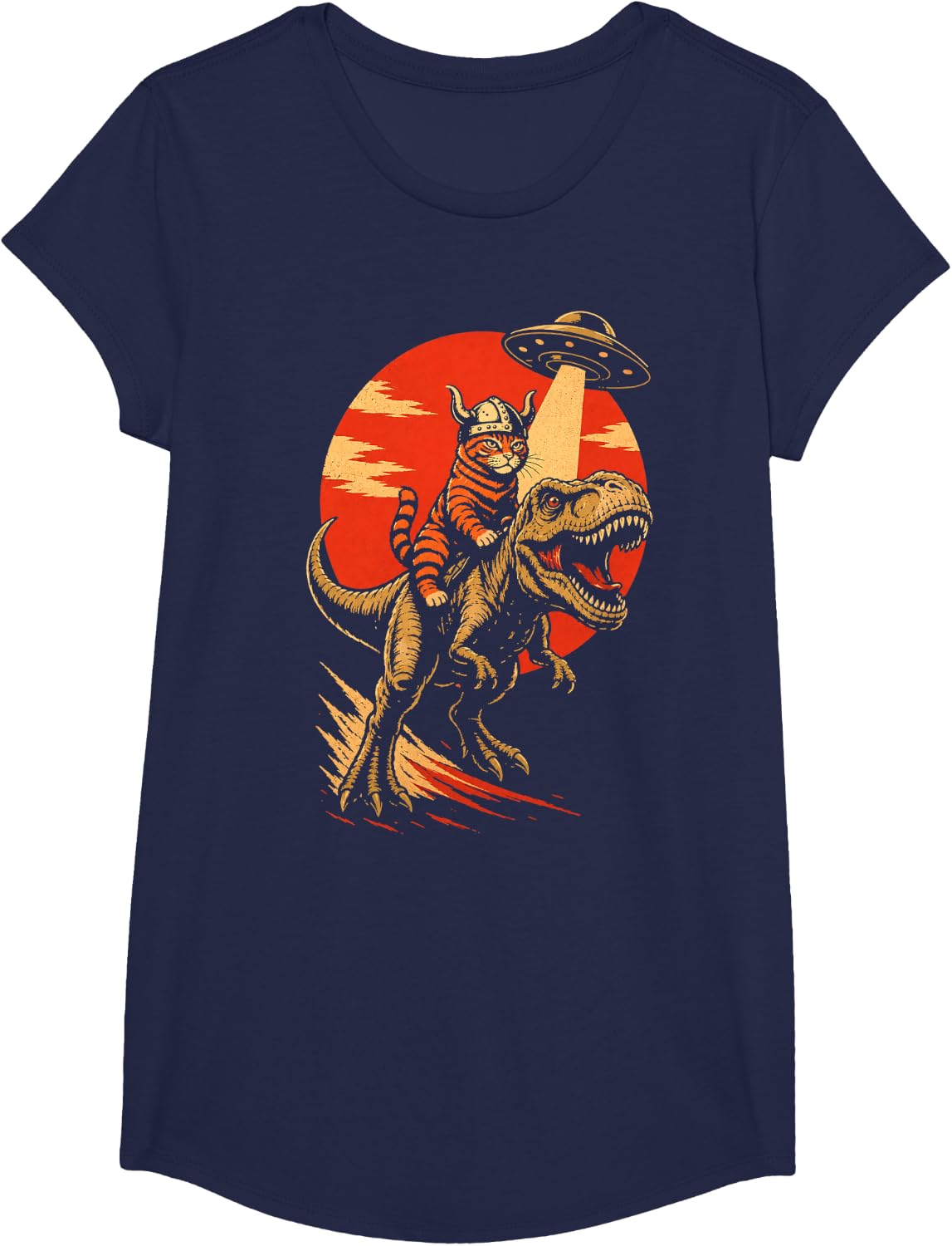 Viking Cat Riding Dinosaur - Humorous UFO Abduction T-Shirt - Girls Navy Blue