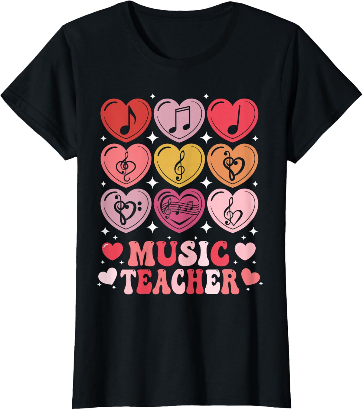 Music Teacher Valentine's Day Musical Notes Hearts Musician T-Shirt - Black