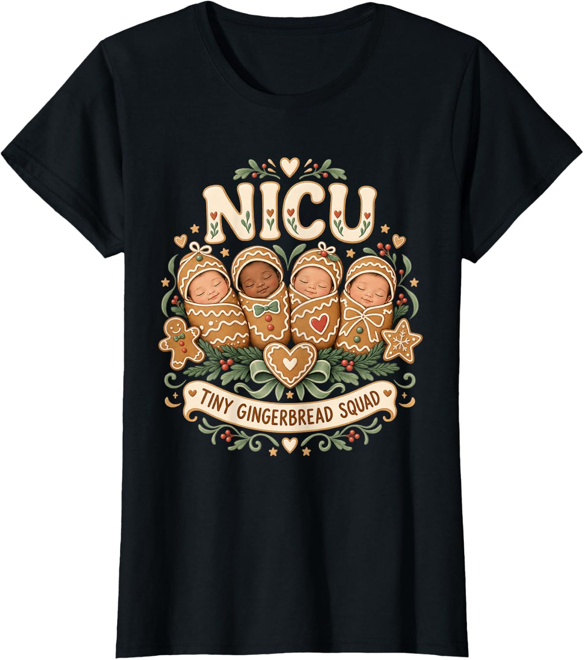 NICU Nurse Christmas Gingerbread Squad Newborn T-Shirt - Black
