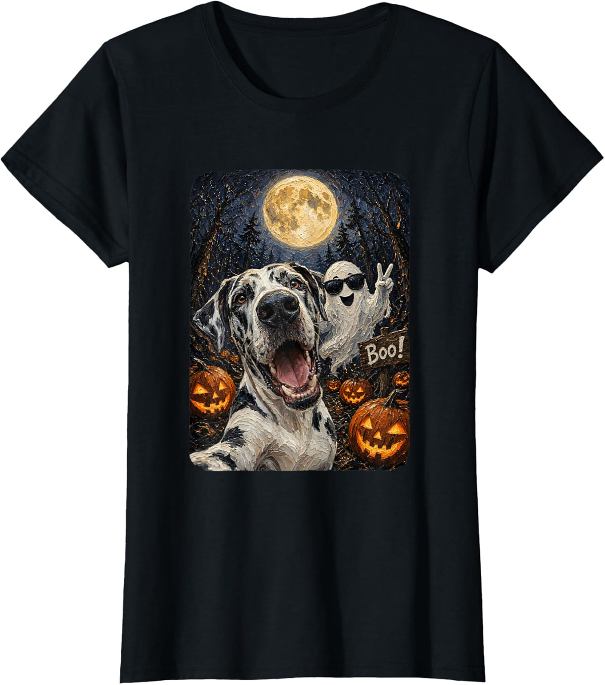 Great Dane Selfie with Ghost Halloween Dog Lover Moon Night T-Shirt - Black