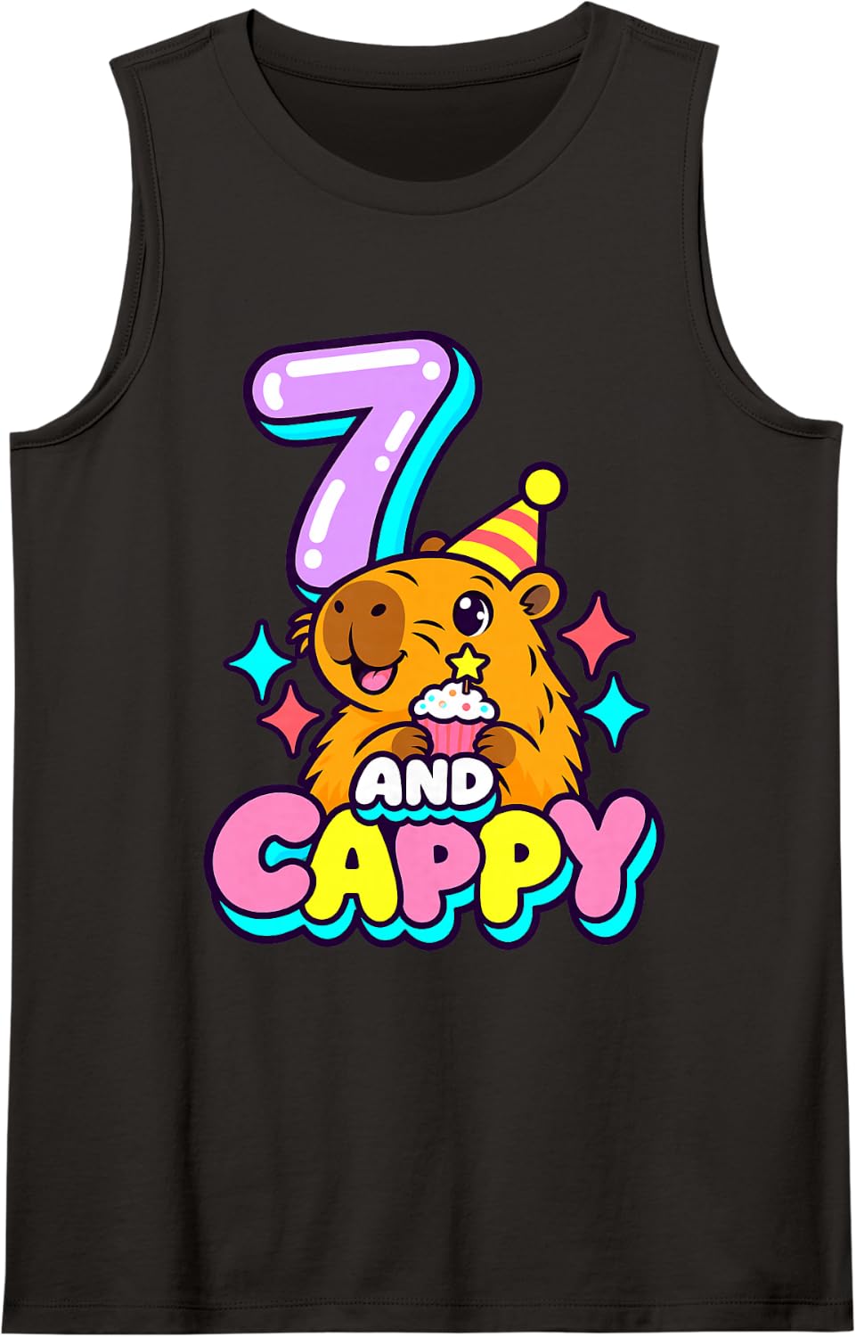 Cappy and 7 Capybara 7th Birthday Party Sparkles Cake Sleeveless Tank Top - Black