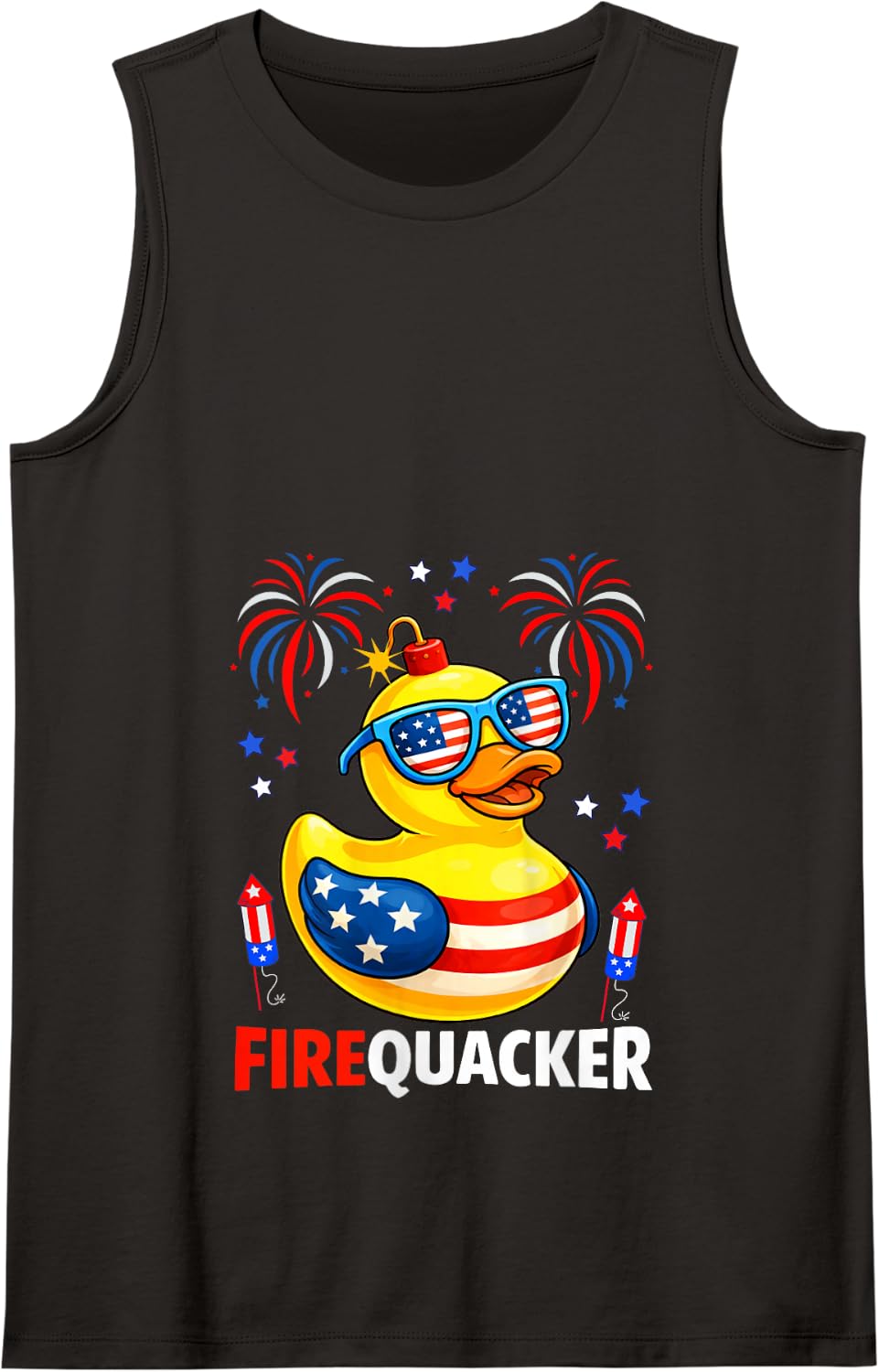 Firequacker 4th of July US Flag Duck Sunglasses Fireworks Tank Top - Black