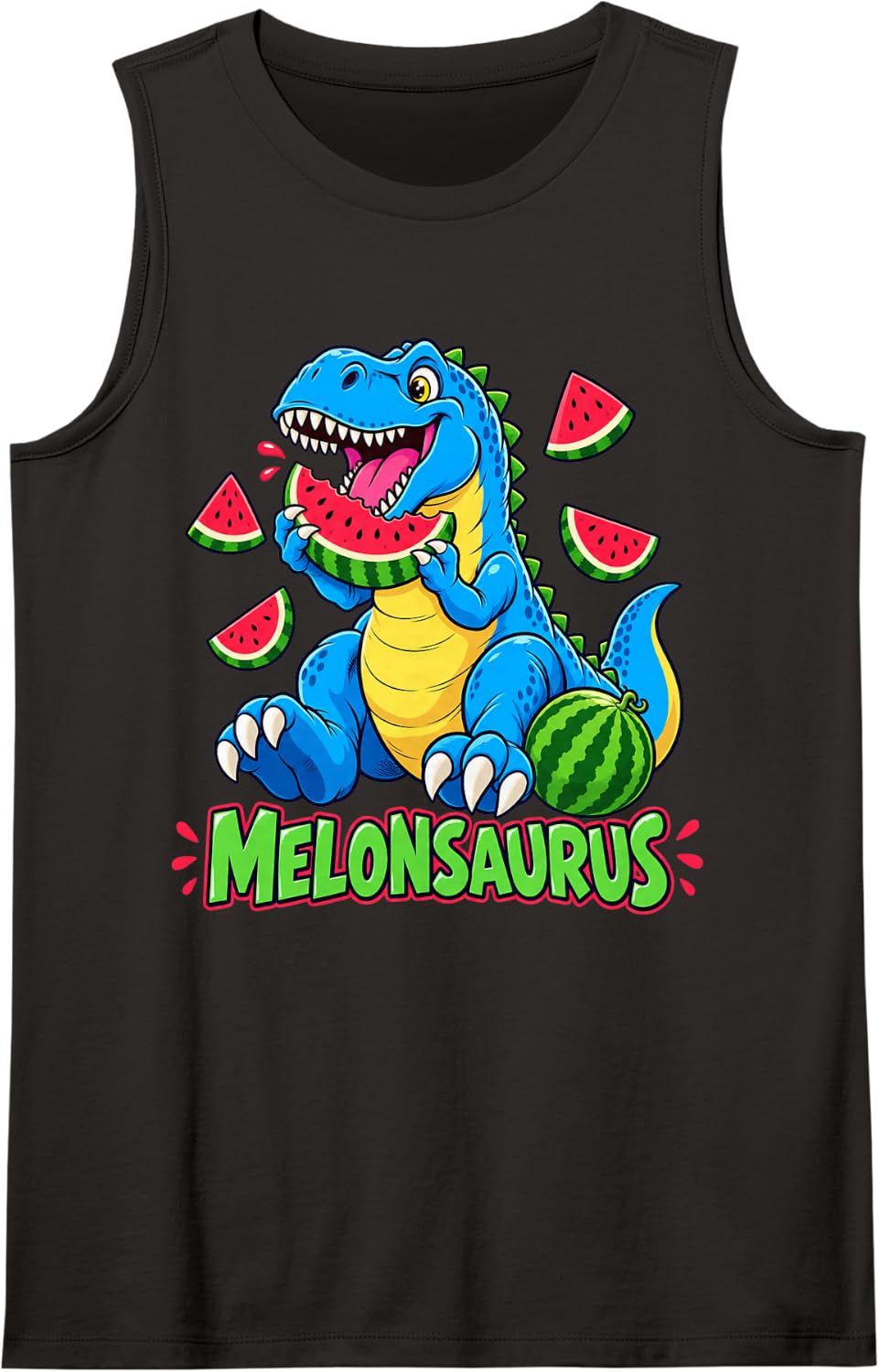 Melonsaurus T-Rex Dinosaur Eating Watermelon Sleeveless Tank Top - Black