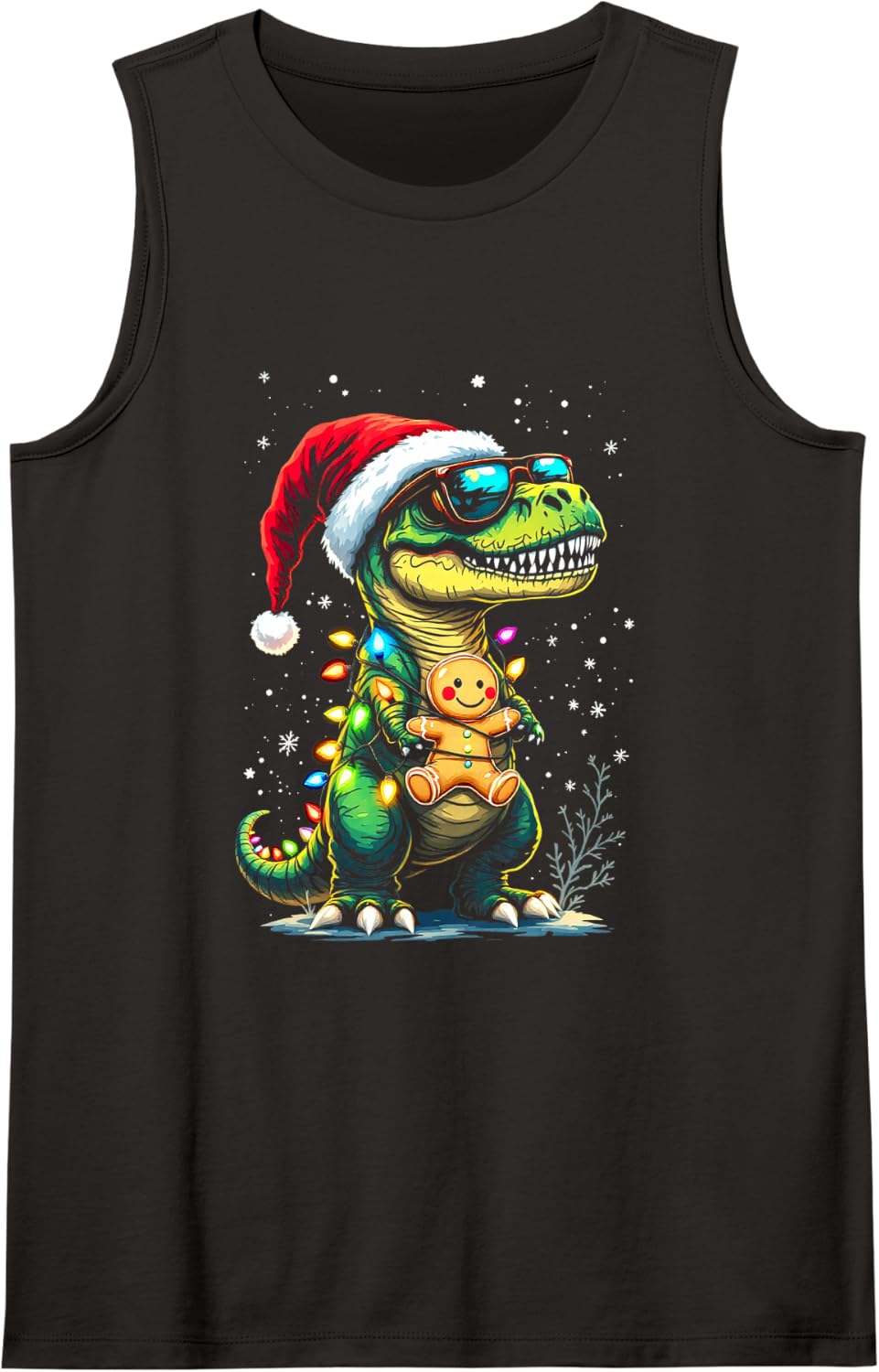 Santa Dinosaur with Gingerbread Man Sleeveless Tank Top - Black