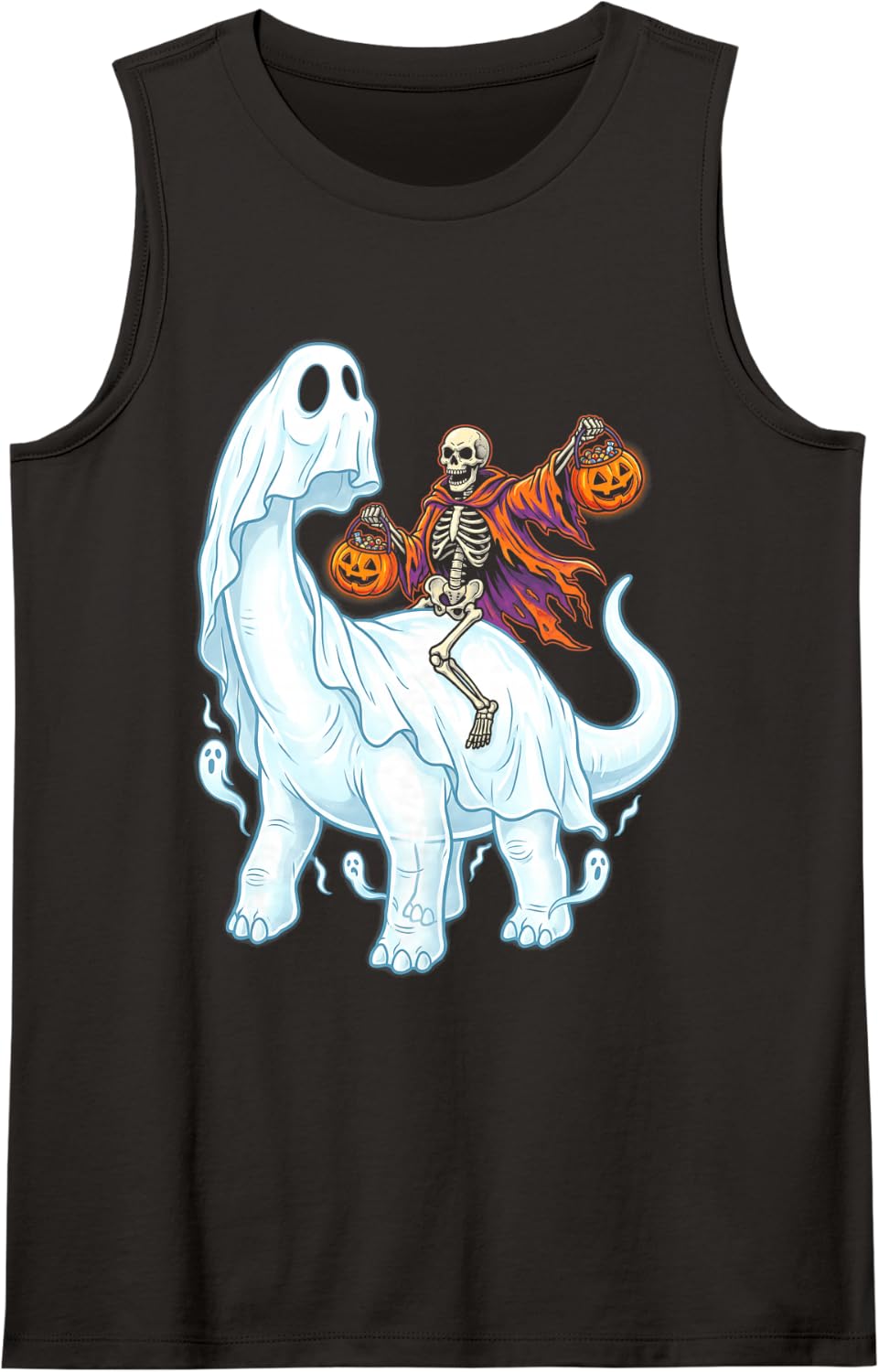 Skeleton Riding Ghost Brachiosaurus Dinosaur Halloween Funny Sleeveless Tank Top - Black