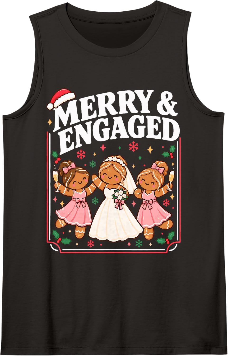 Merry & Engaged Christmas Bachelorette Gingerbread Party Sleeveless Tank Top - Black