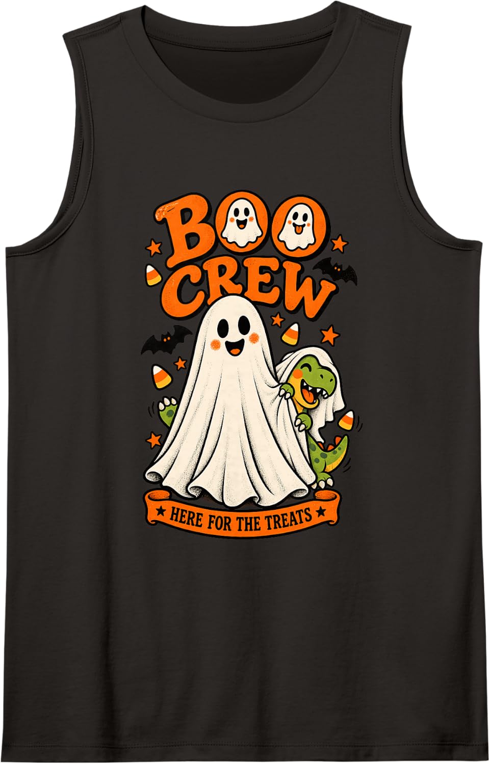 Dinosaur Boo Crew Here for the Treats Halloween Animal Lover Sleeveless Tank Top - Black