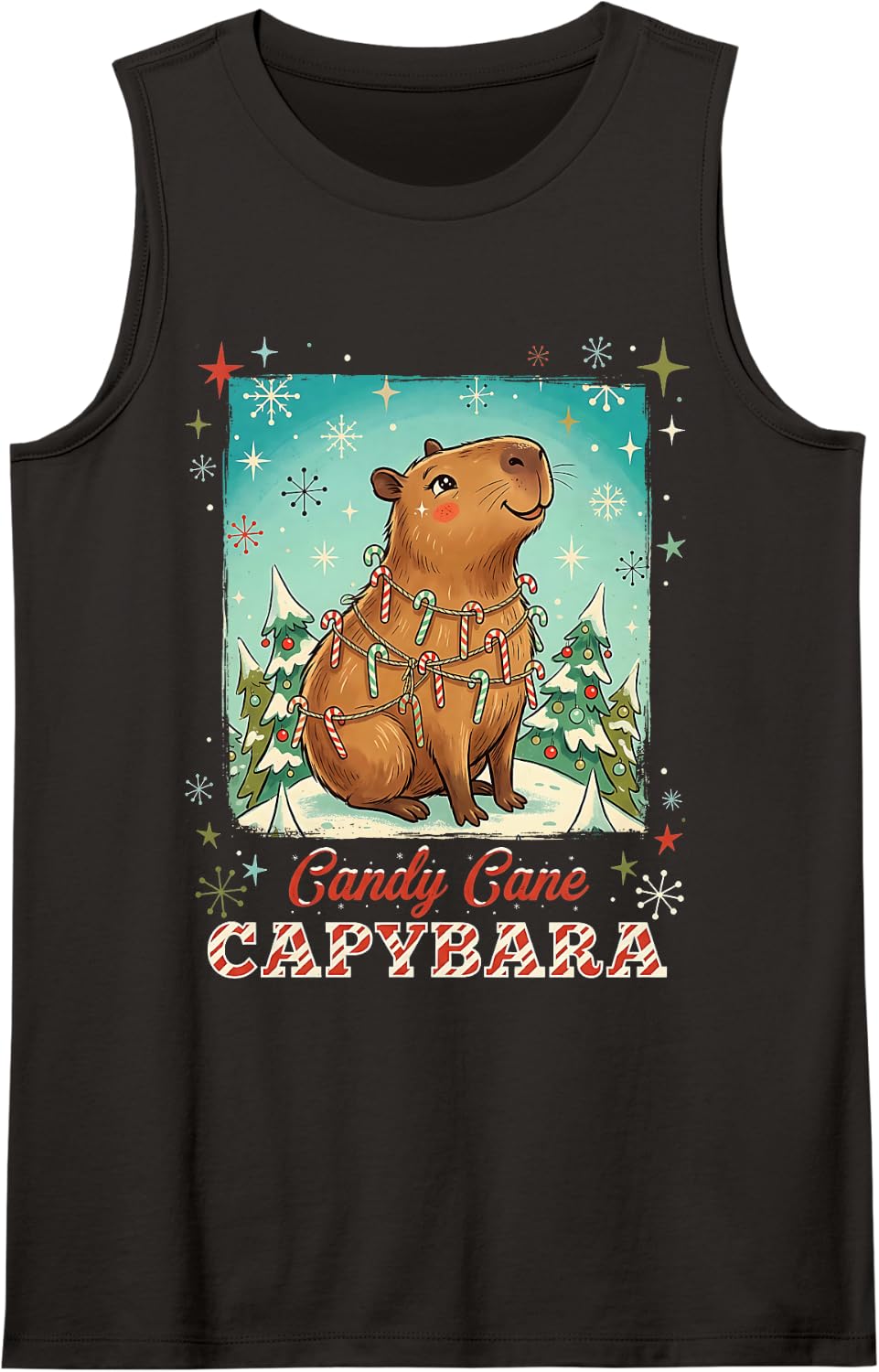 Capybara Candy Canes Retro Winter Holiday Sleeveless Tank Top - Black